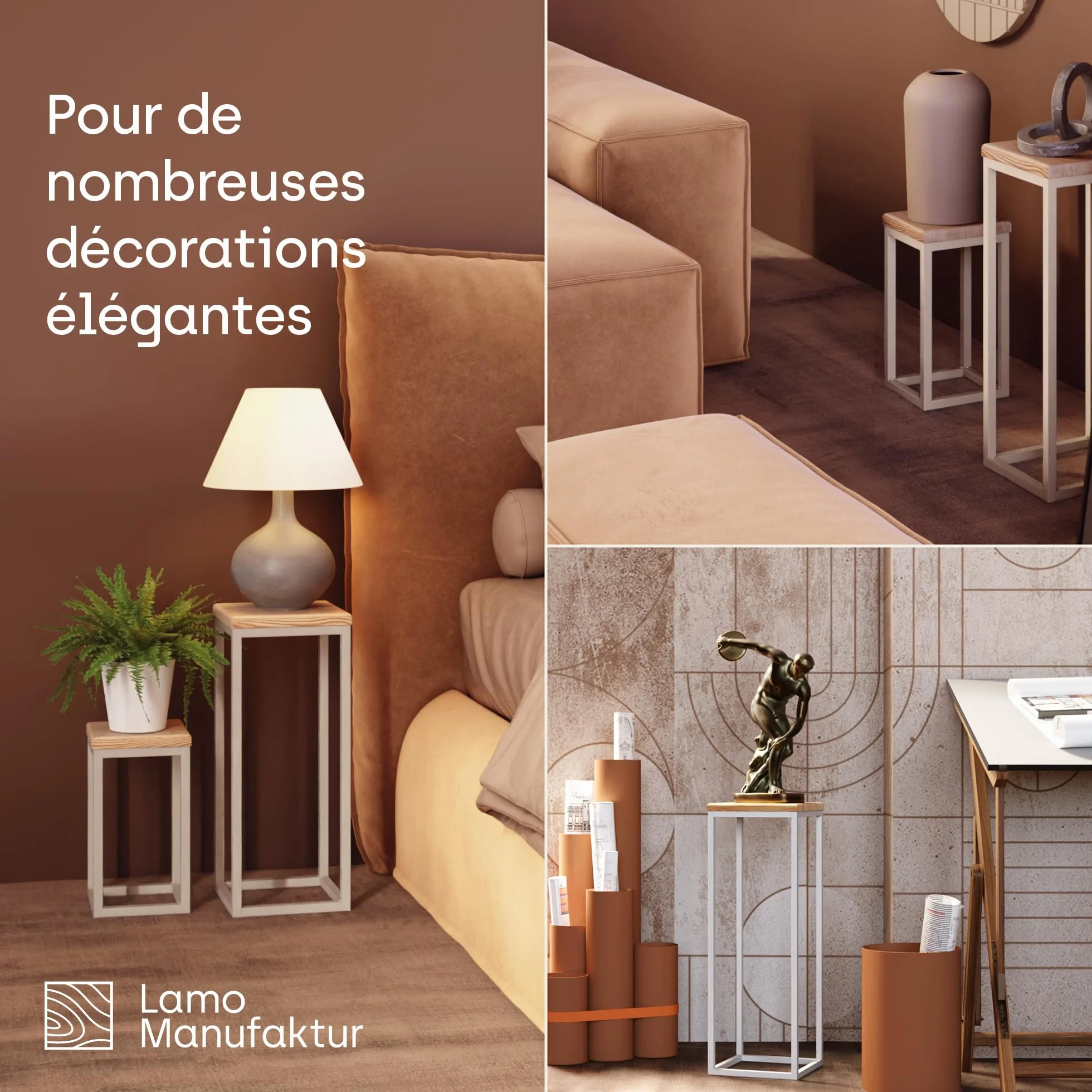 LAMO Manufaktur 70 cm Support Plantes Piedestal Porte-plantes Interieur Cadre Blanc Gris Plateau Bois Massif Naturel