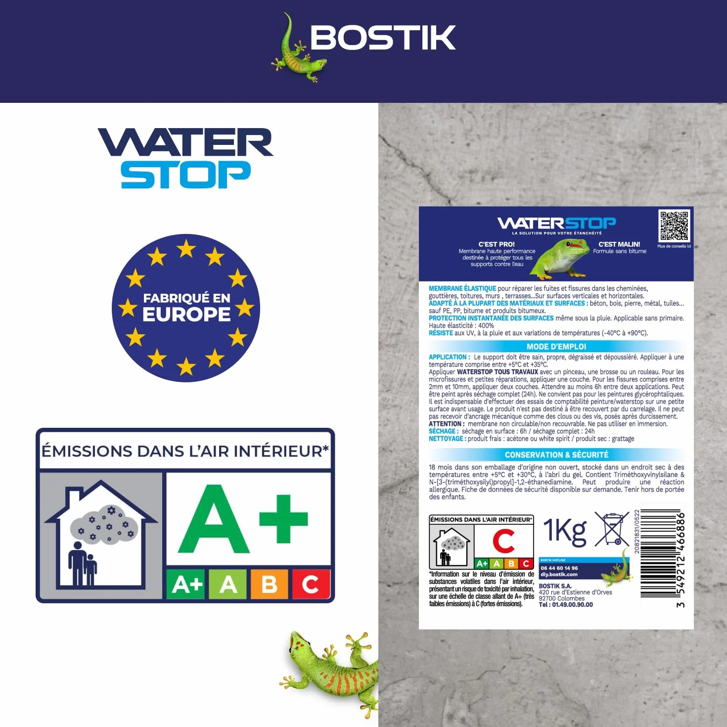 Bostik Waterstop Gris 1 kg – Membrane d’Étanchéité Toiture, Gouttières & Murs – Répare Fuites, Infiltrations & Fissures – Résistant UV & Intempéries