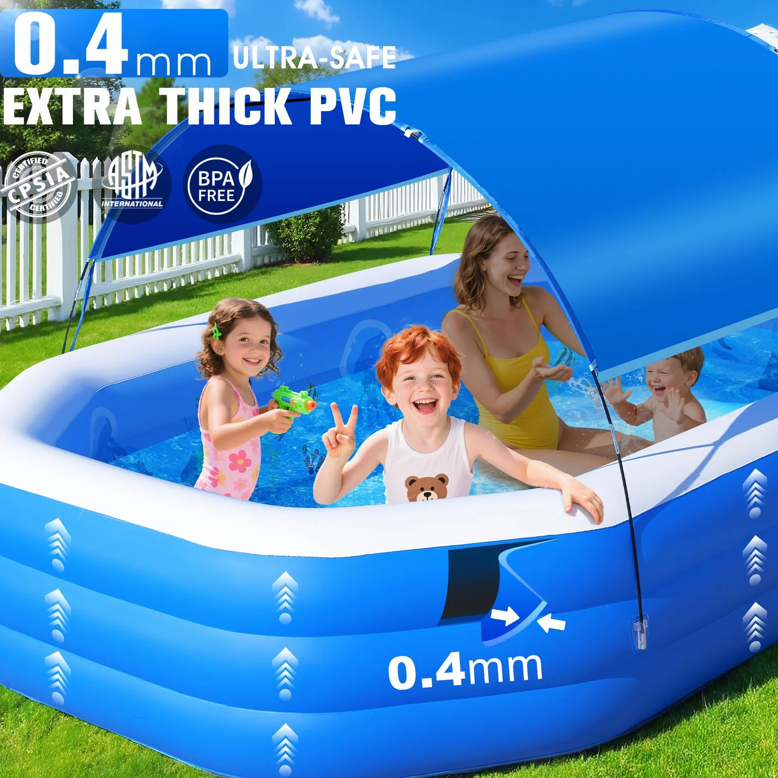 ChlorBlu Piscine Gonflable 300x190x55cm Rectangulaire avec Auvent Sièges pour Jardin Extérieur