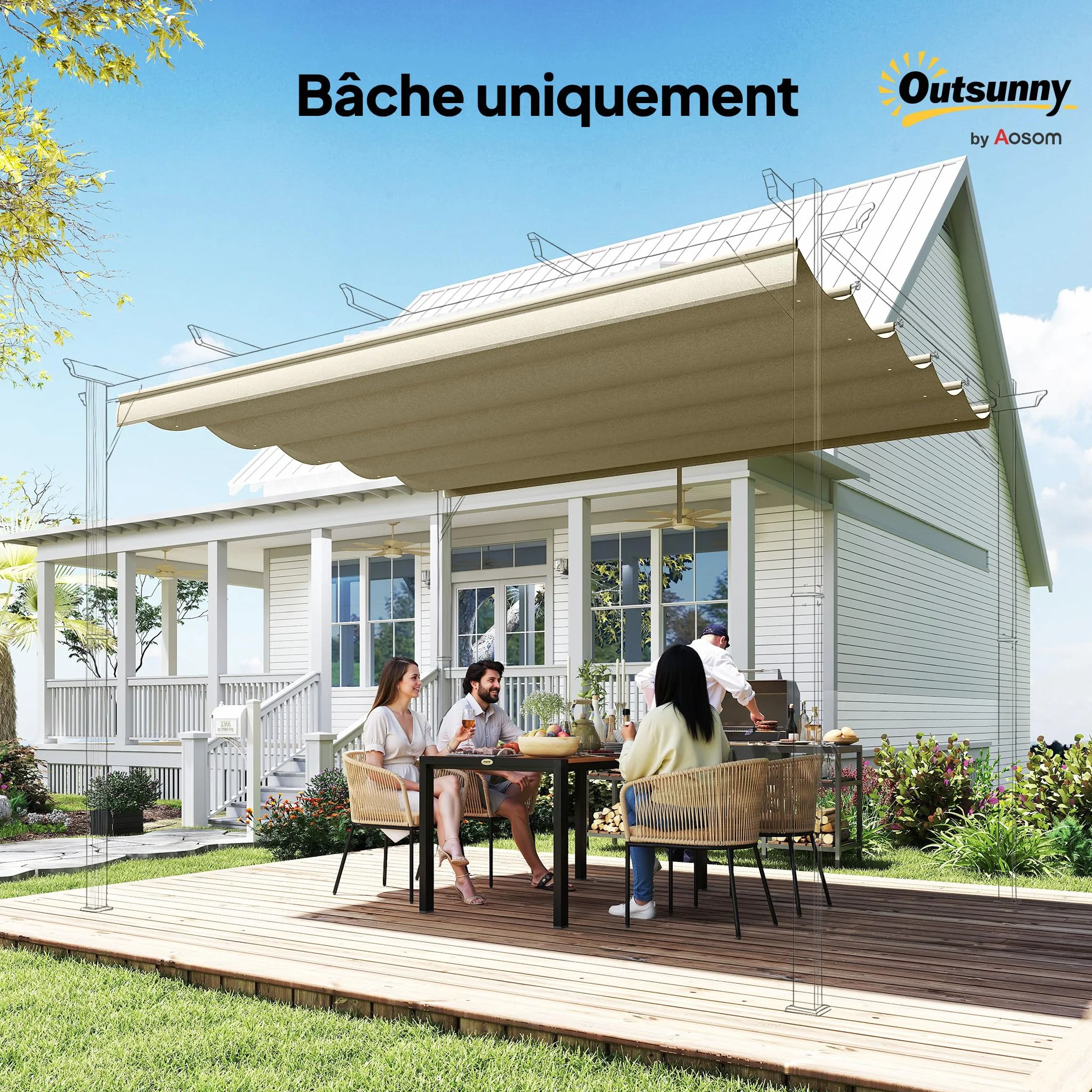 Outsunny Toile de Toit pour Pergola Tonnelle Rétractable 4 x 3 m 350 x 260 cm Beige