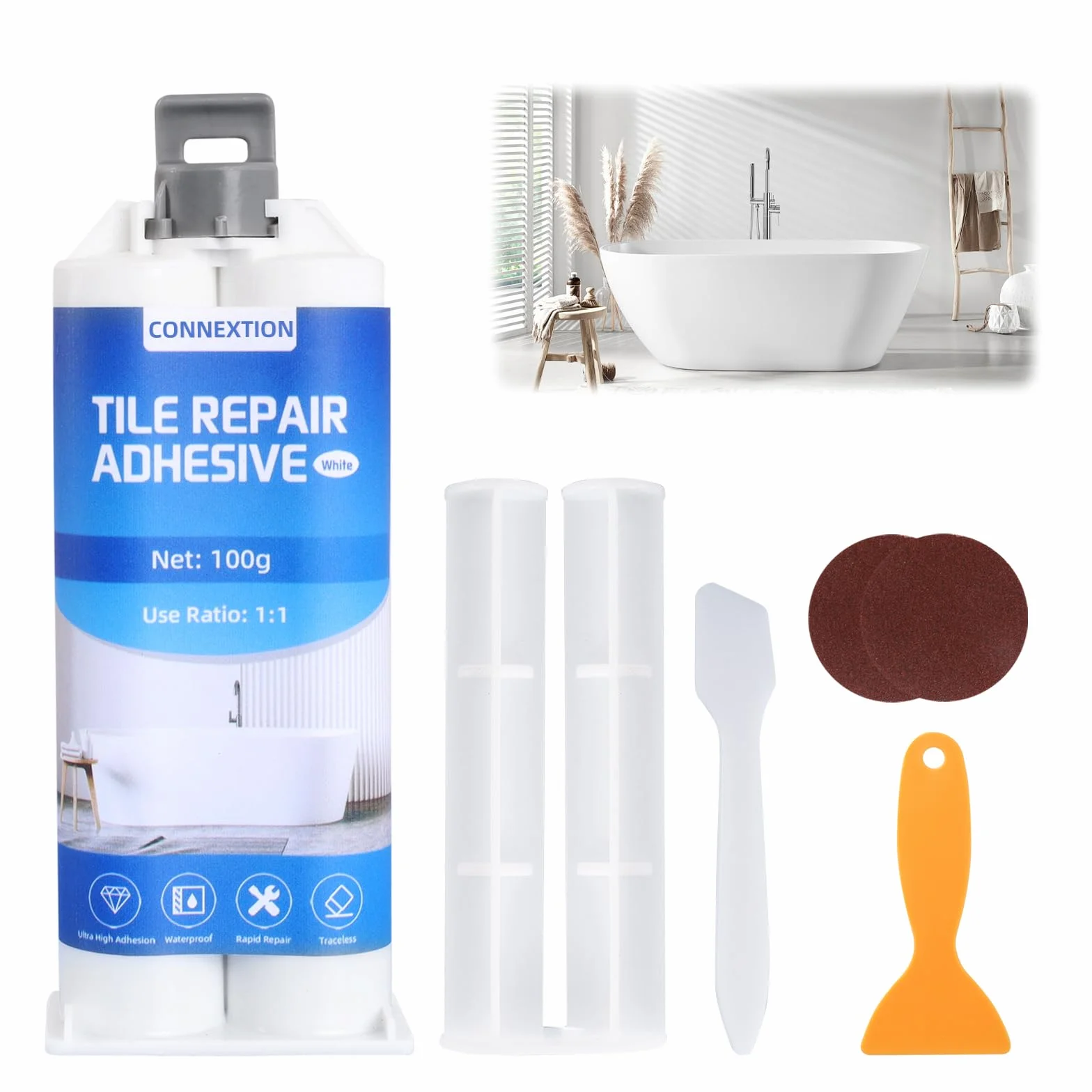 Kit de Reparation Baignoire Blanc 100g, Kit Réparation Carrelage et Evier Céramique, Kits Réparation Baignoire Acrylique et Email, pour Entailles, Rayures, Trous, Fissures
