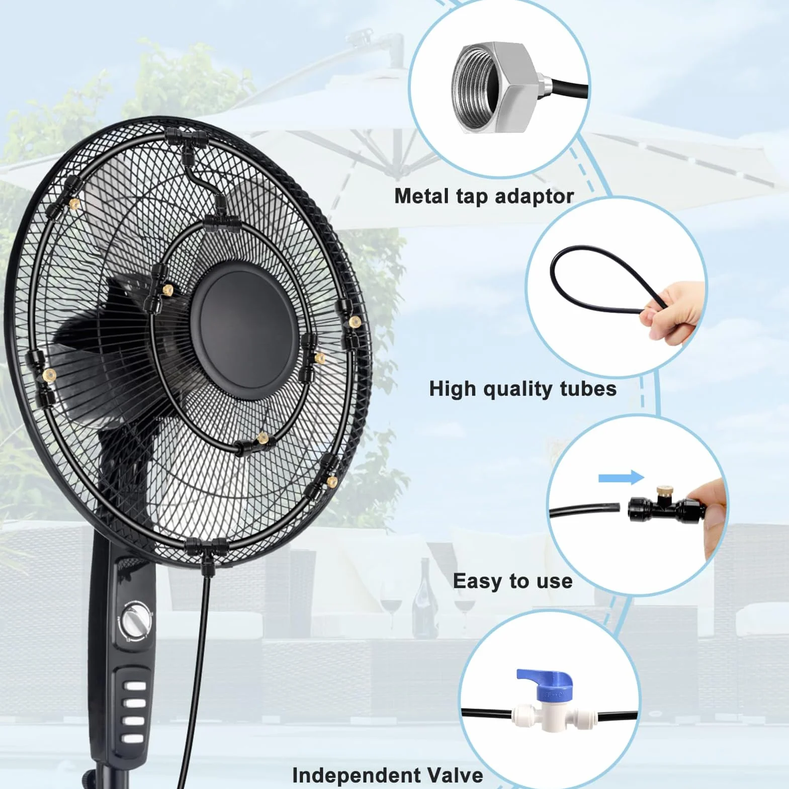 Kit de Brumisation Ventilateur pour Terrasse Extérieure avec Tuyau d’Alimentation en Eau de 8 M