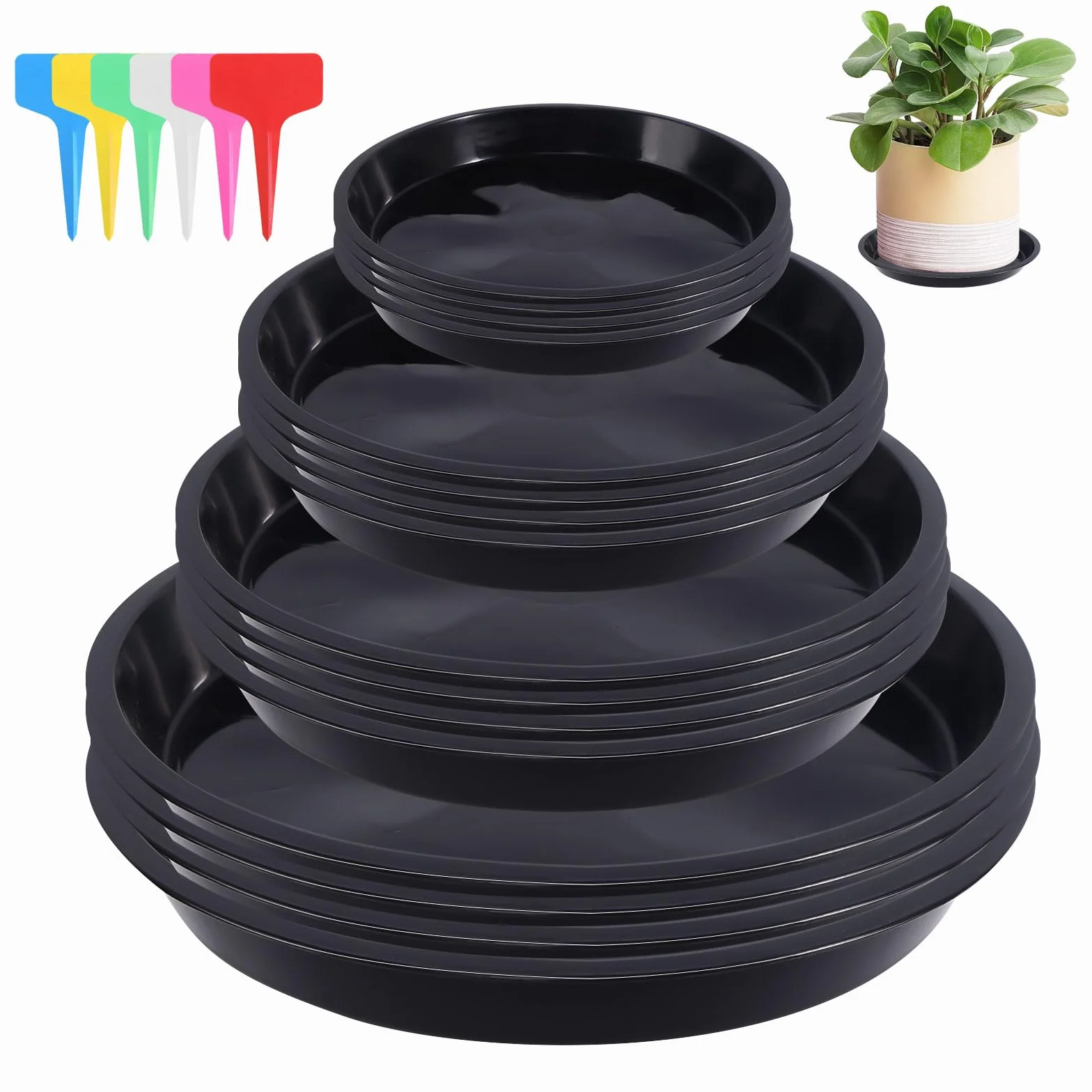 Lot de 16 Soucoupes Pot de Fleur Plastique Rond avec 18 Étiquettes pour Plantes Intérieur Extérieur