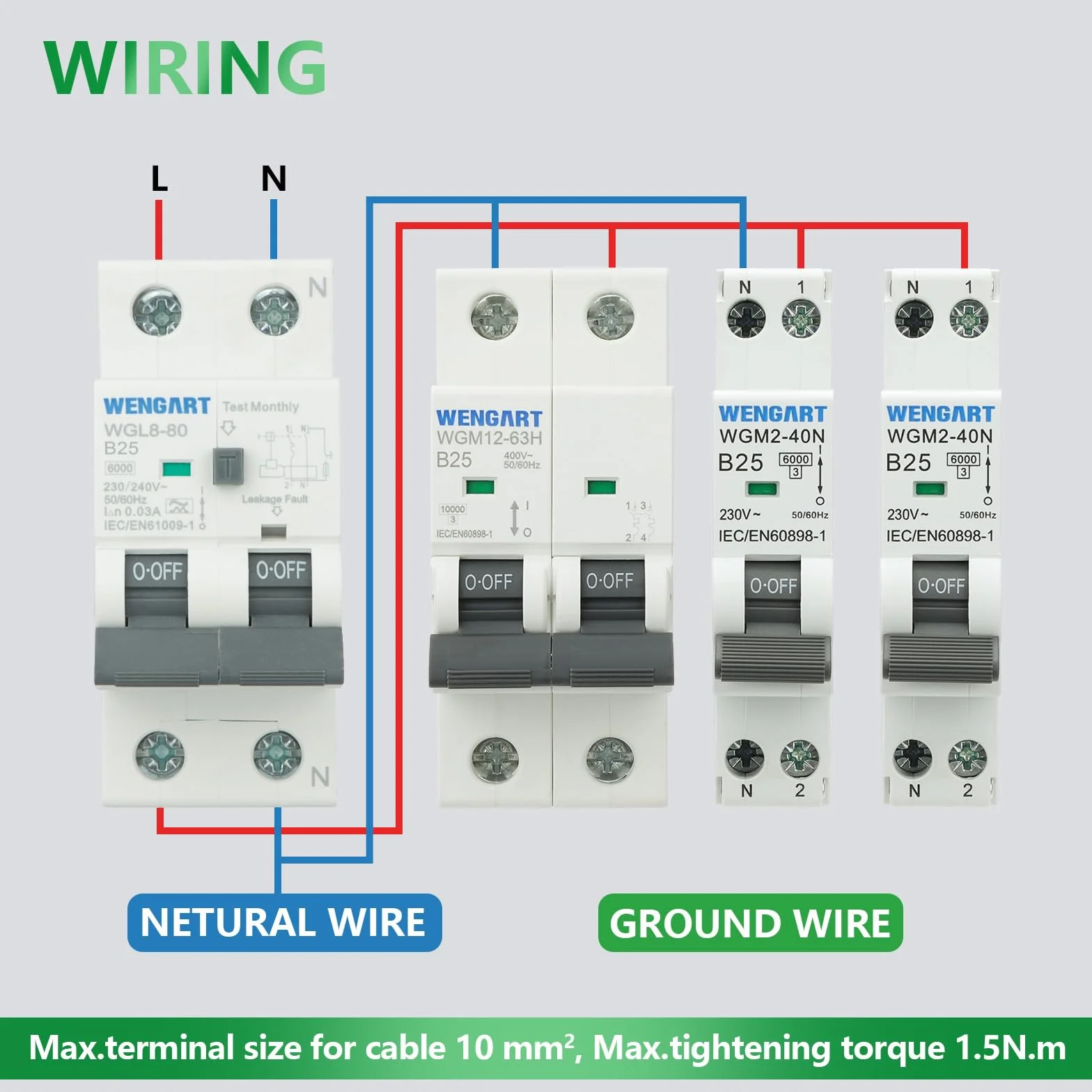 Wengart Disjoncteur miniature WGM2-40N, AC230V 25A 1P+N 6kA B-Char, Interrupteur de sécurité électrique pour usage domestique/industriel