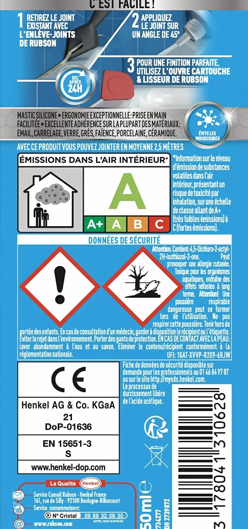 Rubson – Je Jointe Mastic Blanc (tube de 50 ml) – Mastic étanche anti-moisissure en tube prêt à l'emploi – Silicone durable pour joints sanitaires spécial Bain & Cuisine