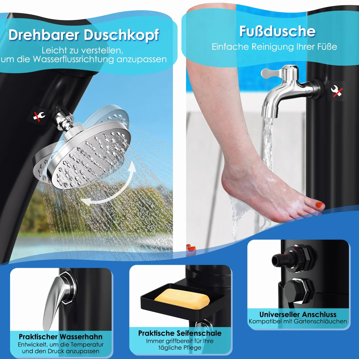 Douche Solaire Arquée 35 L avec Capot de Protection et Pommeau 360° Température Réglable 60°C