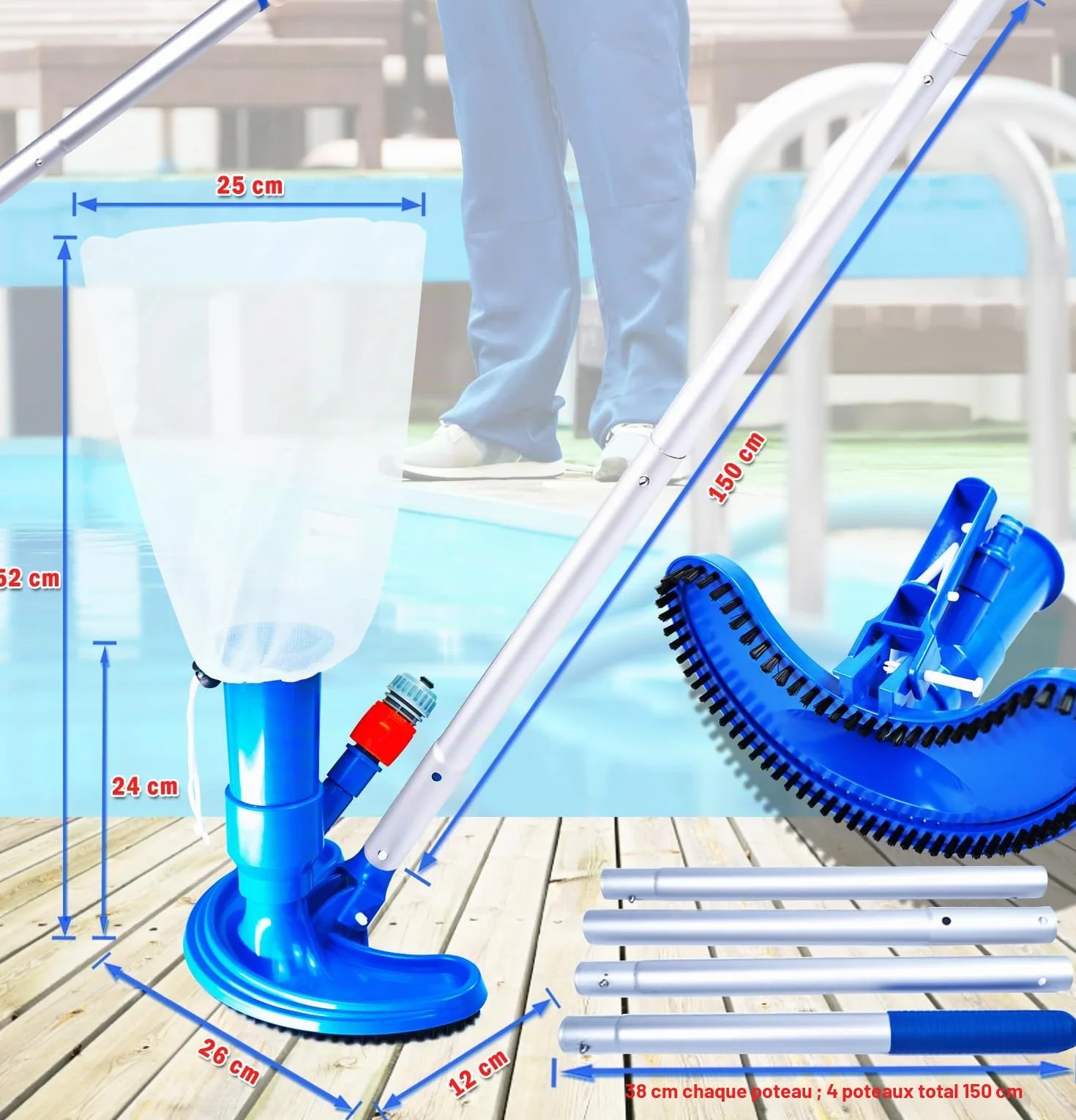 Aspirateur de Piscine Kit de Nettoyage 1.5M Tête d'aspirateur Perche Télescopique Tige Aluminium Détachable Jacuzzi Fontaine Aquarium Étang Brosse