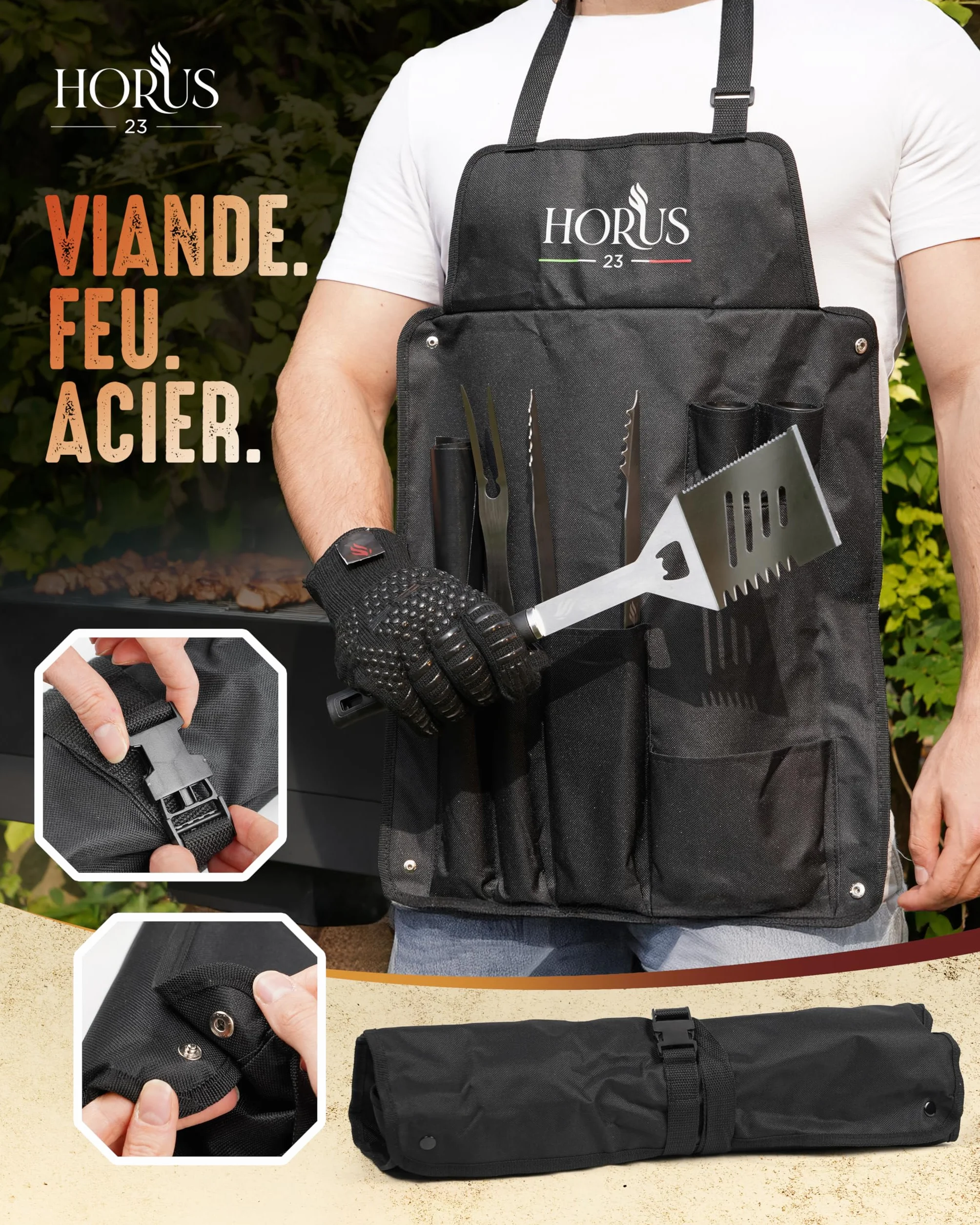 HORUS 23® Kit Barbecue Professionnel Acier INOX avec Tablier Gant Accessoires BBQ
