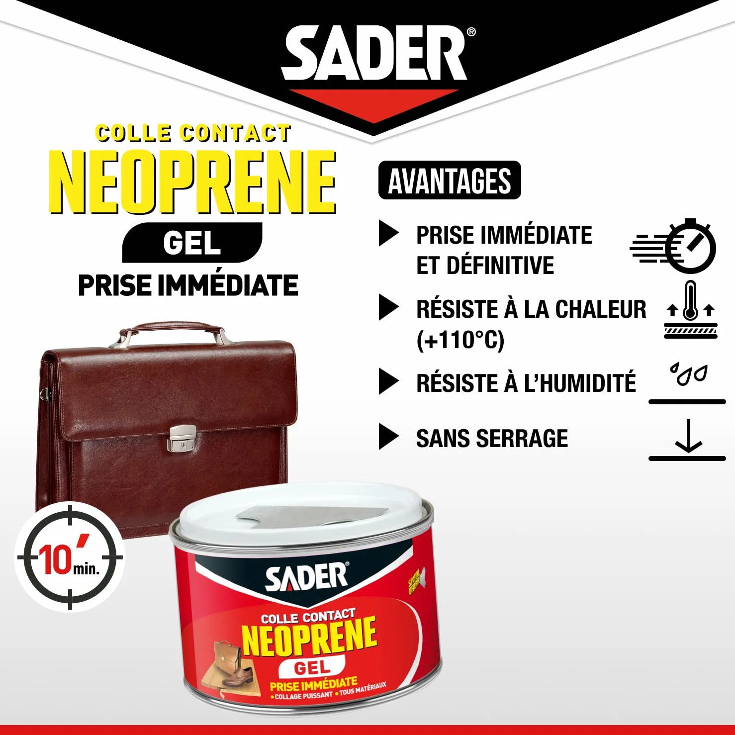 Sader Colle Contact Néoprène Gel – Colle Extra Forte Tous Matériaux – Prise Immédiate – Idéale pour Supports Poreux ou Verticaux – Spatule Incluse – Boîte de 250 ml