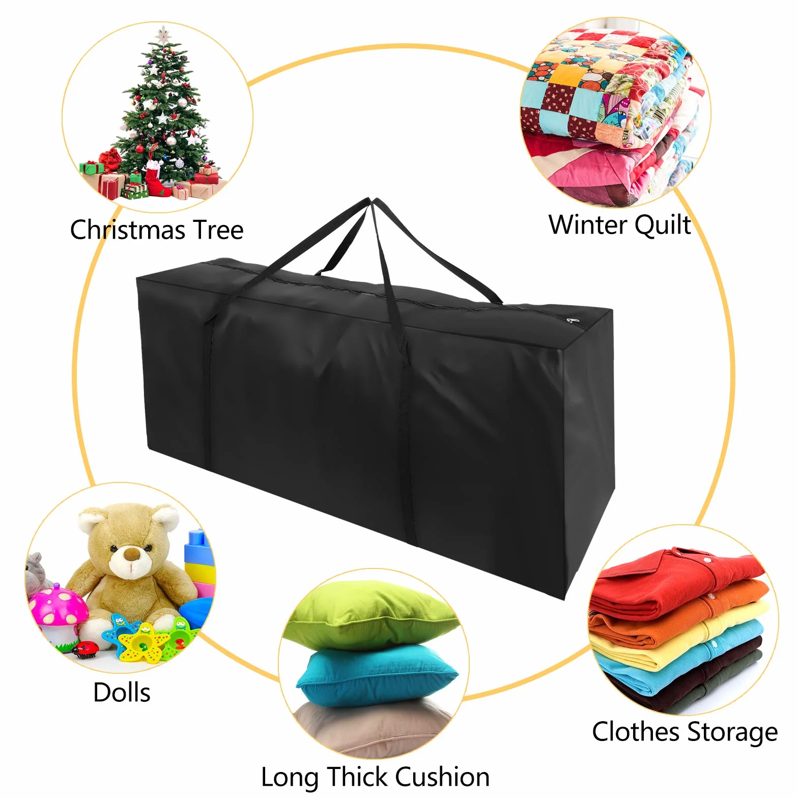 Herefun Grand Coussin Sac de Rangement 122x39x55 cm Oxford Tissu avec Poignée Zippé Noir