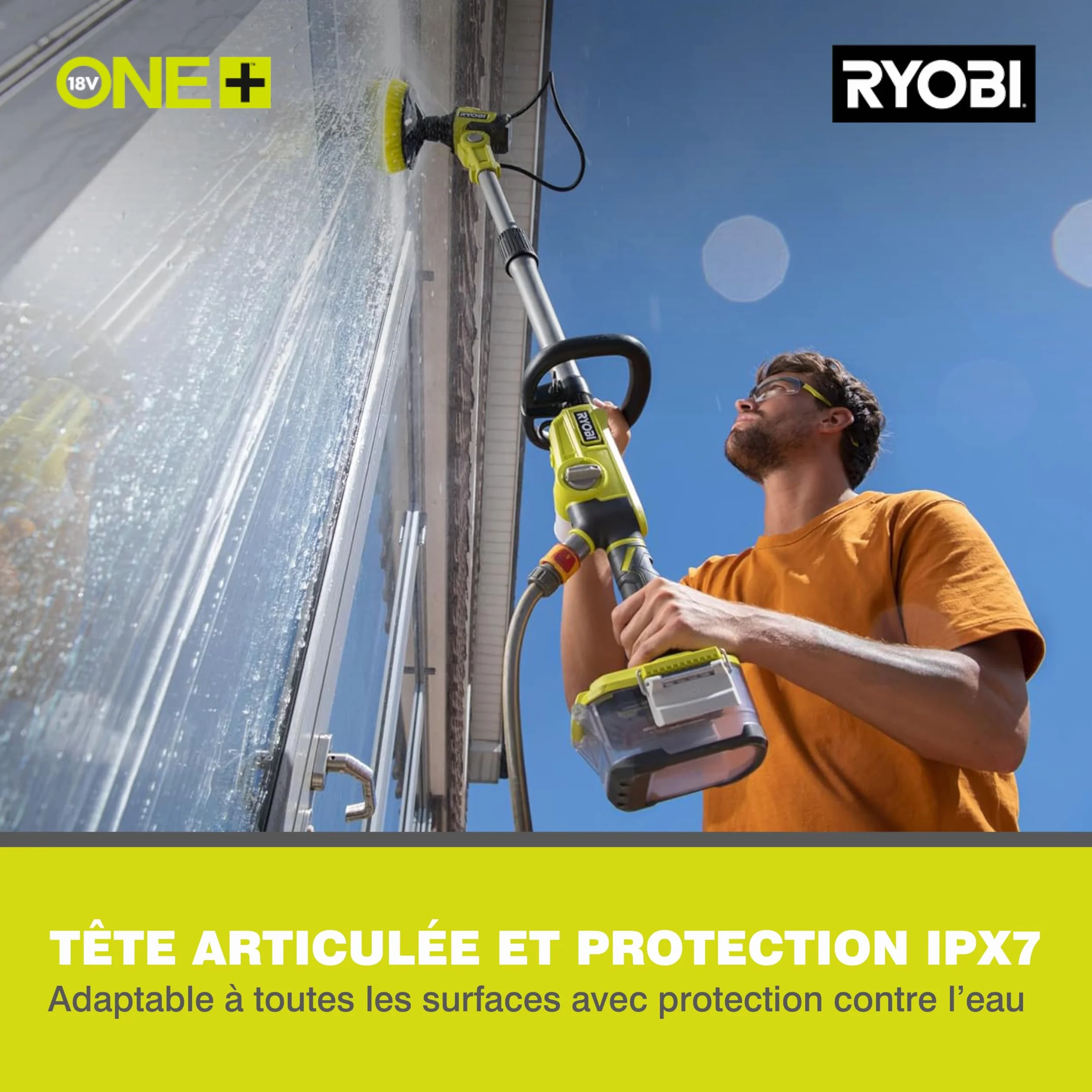 RYOBI - Brosse Rotative télescopique sans Fil 18V One+ RWTS18-0 – Brosse Plate Large, Poignée GripZone, Nettoyage Sols Extérieurs, Murs, Meubles, Hauteur 1,4m – Batterie Non Incluse