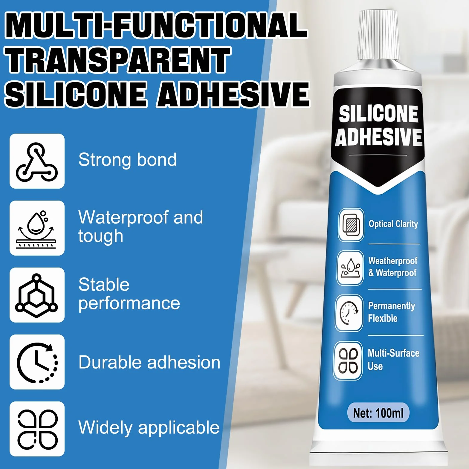 Silicone Transparent, Colle Plastique Extra Forte, Colle Silicone, Colle Transparente, Colle Résistante à L'eau, Durable, le Plastique, la Céramique et le Métal etc Surface Lisse, 100ML