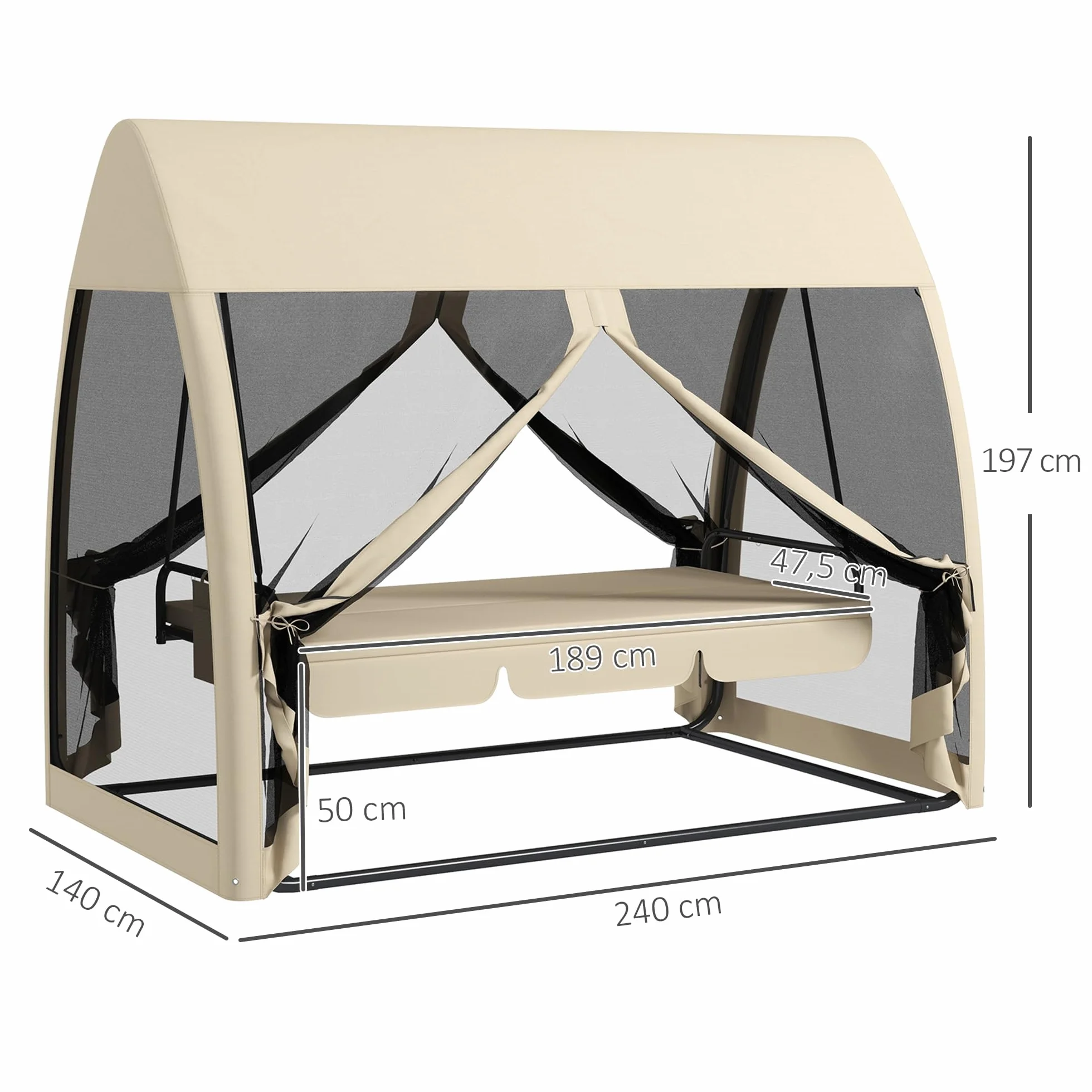 Outsunny Balancelle de Jardin Convertible 3 Places avec Auvent et Coussins, Beige