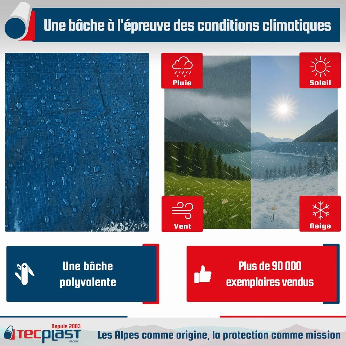 TECPLAST Bâche de Protection 6x10 m SR150MU Bleue et Verte - Haute Qualité - Bâche d'extérieur imperméable avec Oeillets