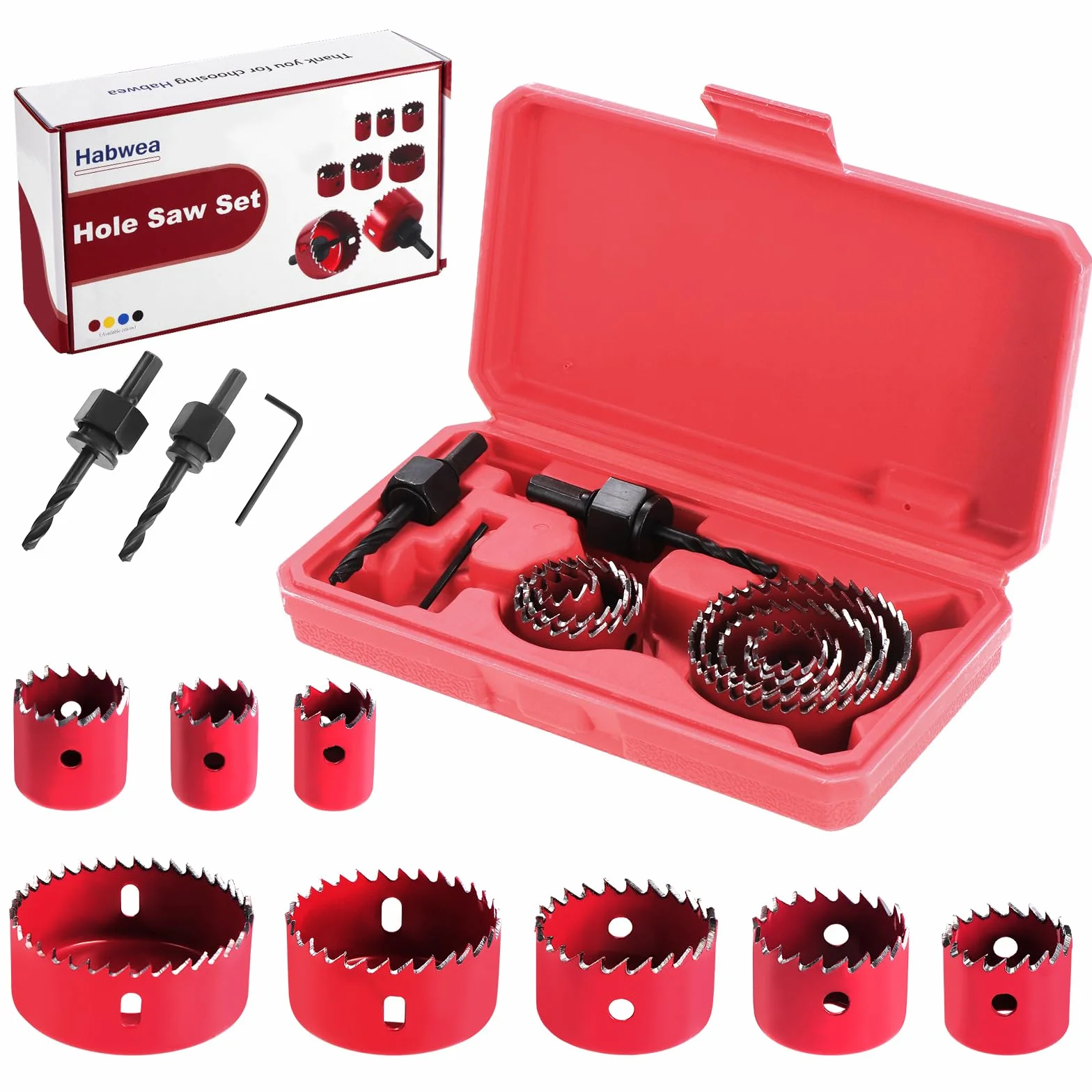 Habwea 11 pièces Scie Cloche pour le bois Circulaires Cloche Perceuse idéale pour les planches de bois minces, les plaques en PVC et en plastique (Rouge -11pcs)