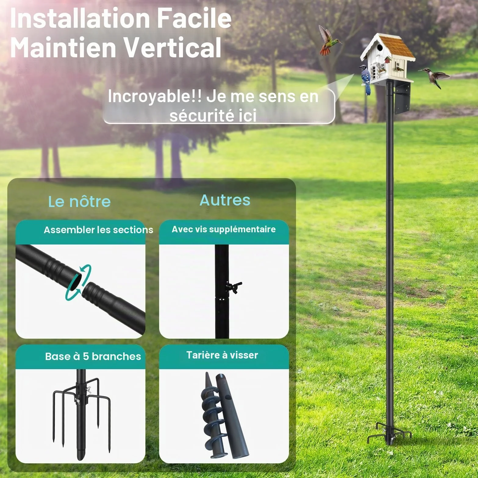 Support Maison Oiseaux 150 cm 5 Pointes Extérieur Réglable Universel Station Météo Kit Poteau Jardin