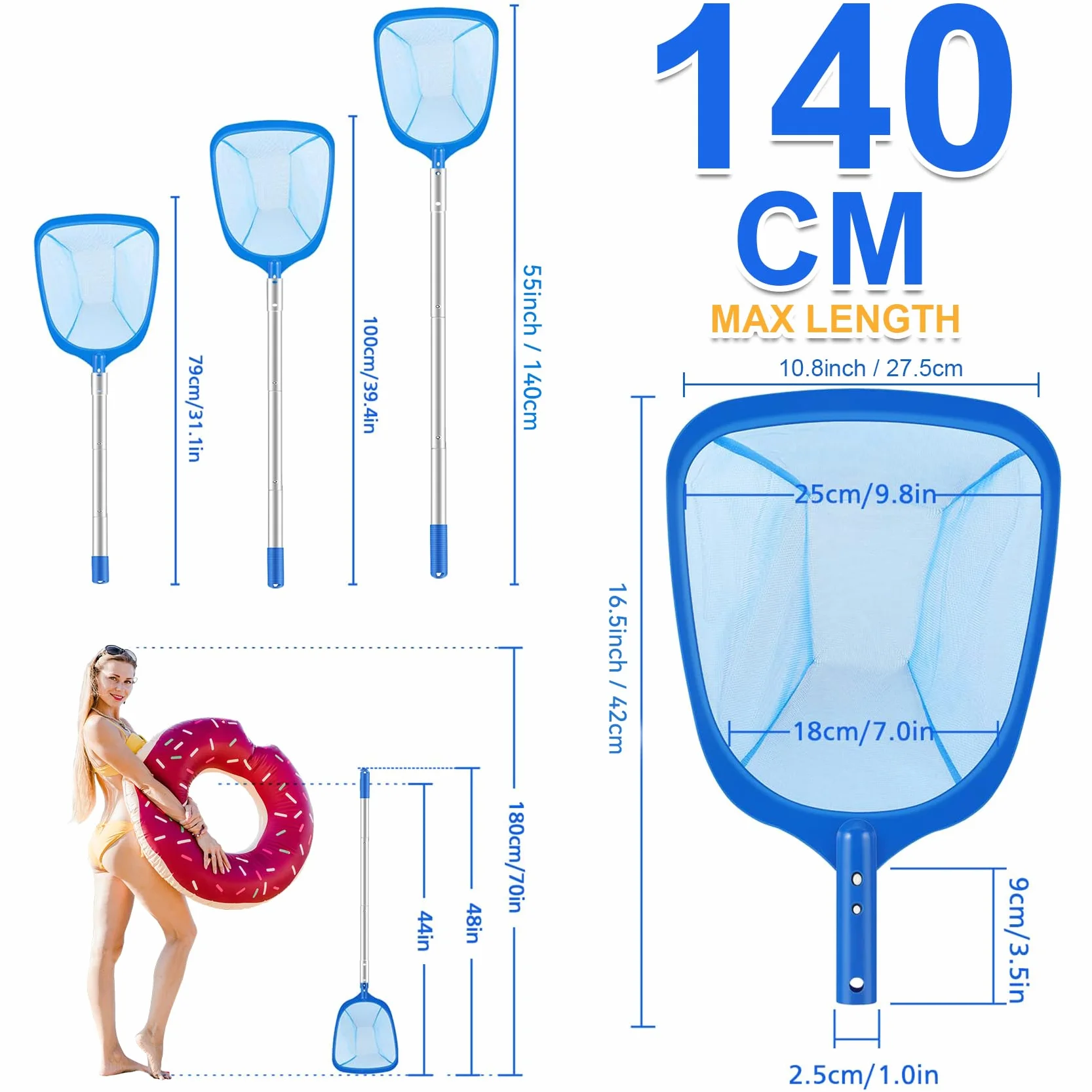 Épuisette Piscine Télescopique 140cm Filet Nettoyage Fond Surface Bassin Spa