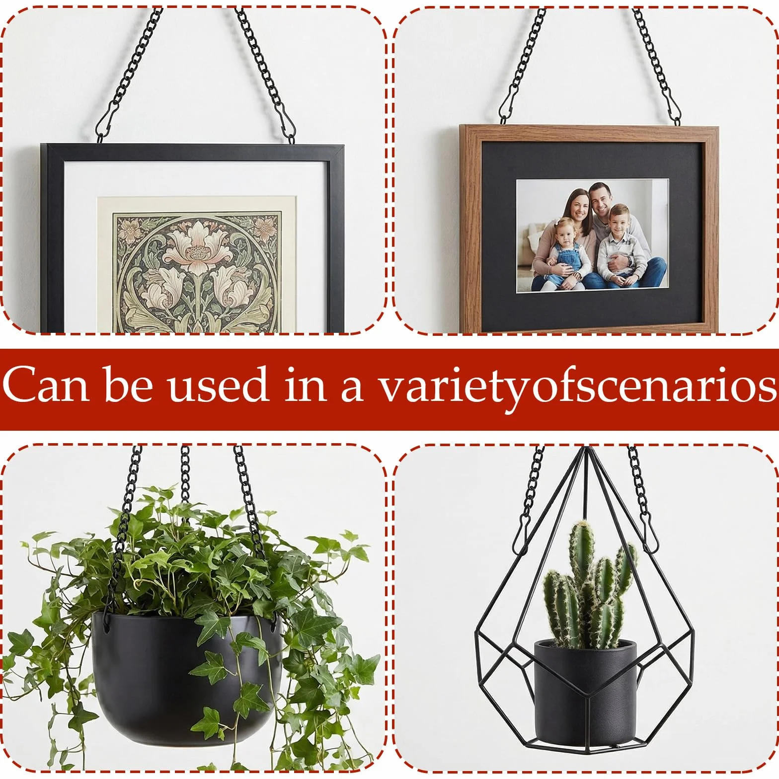 Lot de 6 chaînes métal avec crochets, chaînes suspendues réglables robustes pour décorations, mangeoires, pots de fleurs