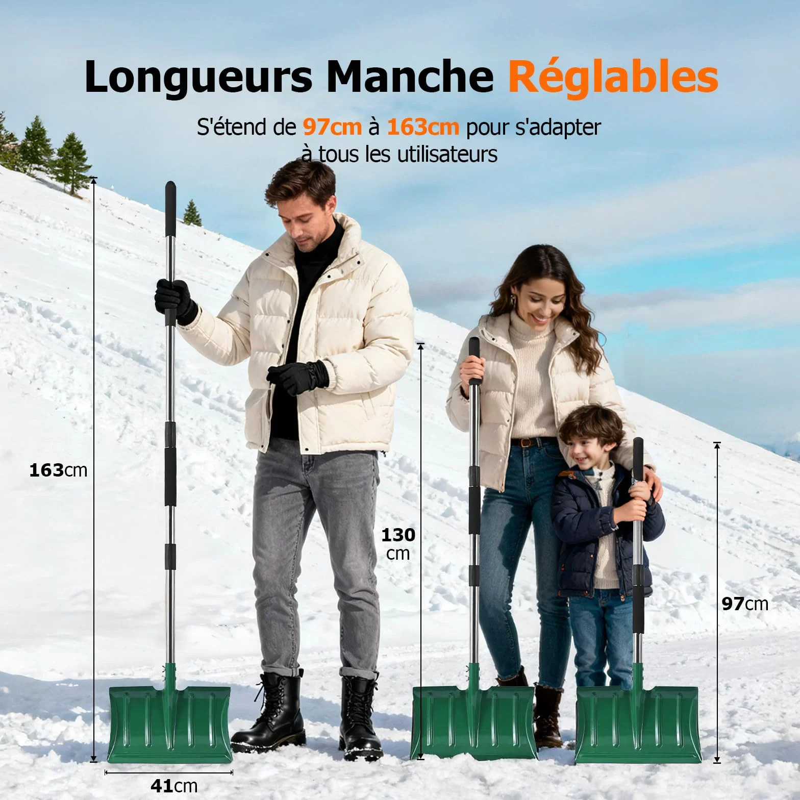 Pelle à Neige 163cm, Pelle Métal Haute Résistance 41cm, Manche Long Ergonomique Anti-Givre