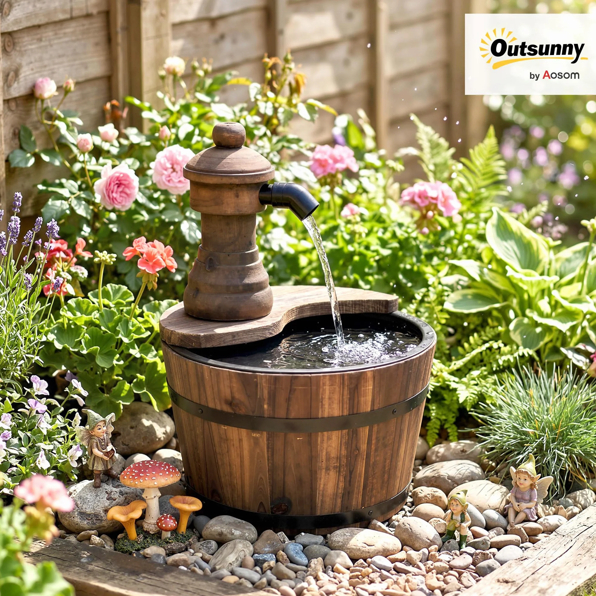 Outsunny Fontaine de Jardin Tonneau Pompe à Eau Submersible Ø 27 x 37H cm Bois de Pin Marron