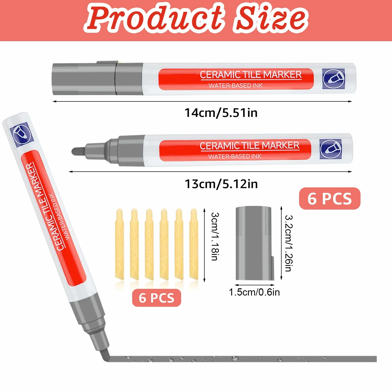 6 Pièces Stylo Joint Carrelage Gris Marqueur Joints Imperméable Grout Pen avec 6 Pointes de Rechange Rénovateur Coulis Facile à Appliquer Crayon à Coulis Réparation pour Cuisine Salle Bain Murs