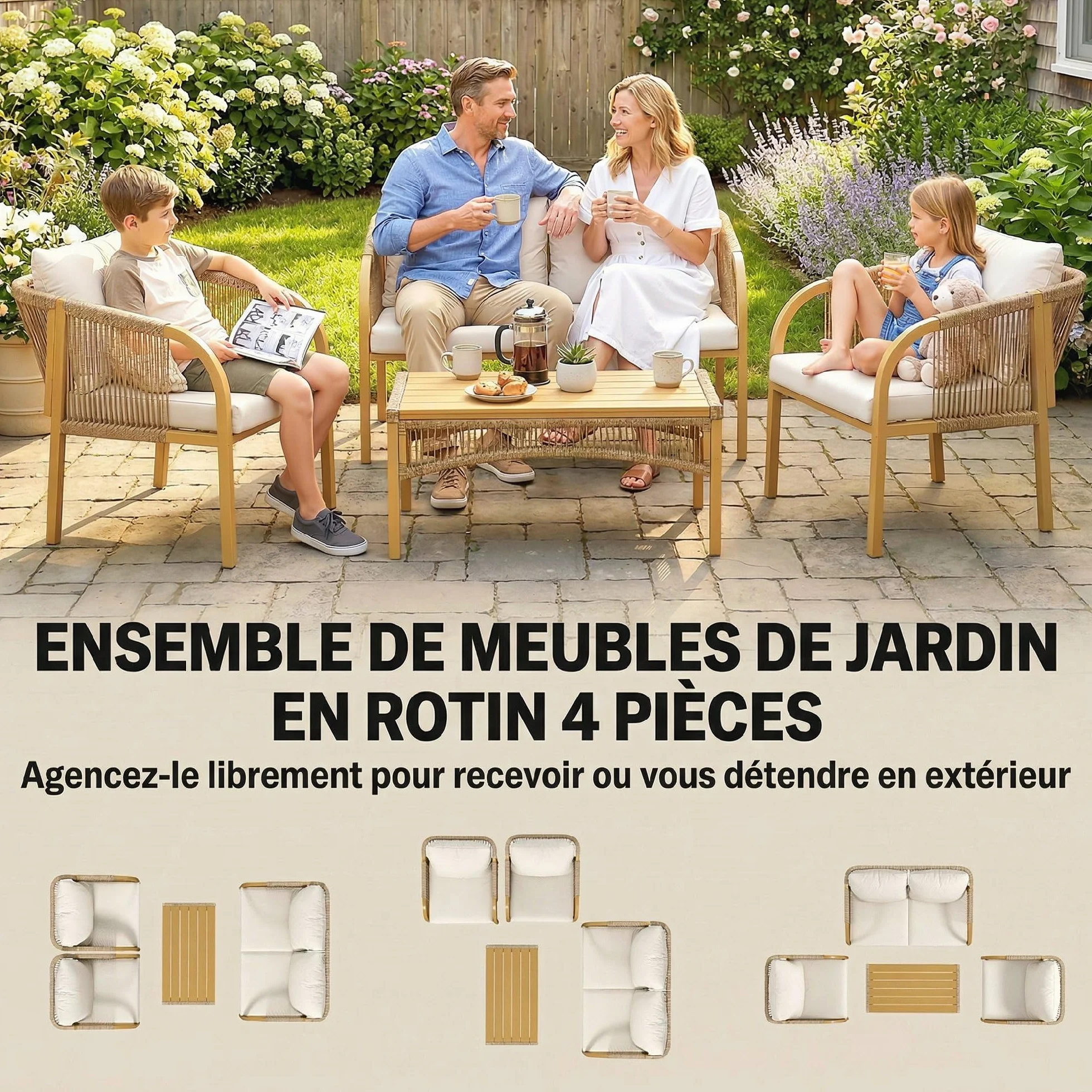 Outsunny Salon de Jardin Extérieur Résine Tressée 4 Pièces Canapé 2 Places Fauteuils Table Basse Coussins Déhoussables Plateau Acier Kaki