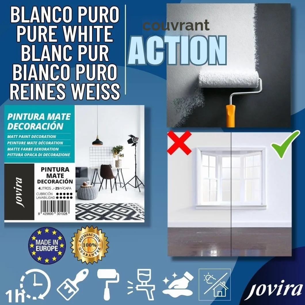 JOVIRA PINTURAS Peinture Mures et Plafonds. Peinture couvrante pour intérieur-extérieur. (2x4 Litres, Blanc)