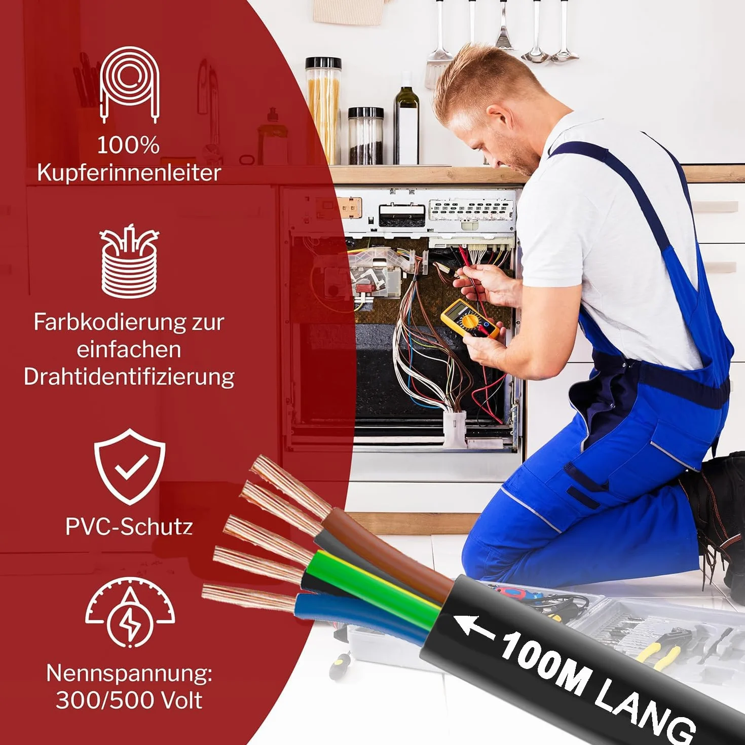 MAS Premium De 5 à 100m Câble en plastique souple H05VV-F 2, 3 ou 5 x0,75; x1; x1,5 ou x2,5 et 4G0,75 Câble flexible (H05VV-F 5G0,75 SW, 100m)