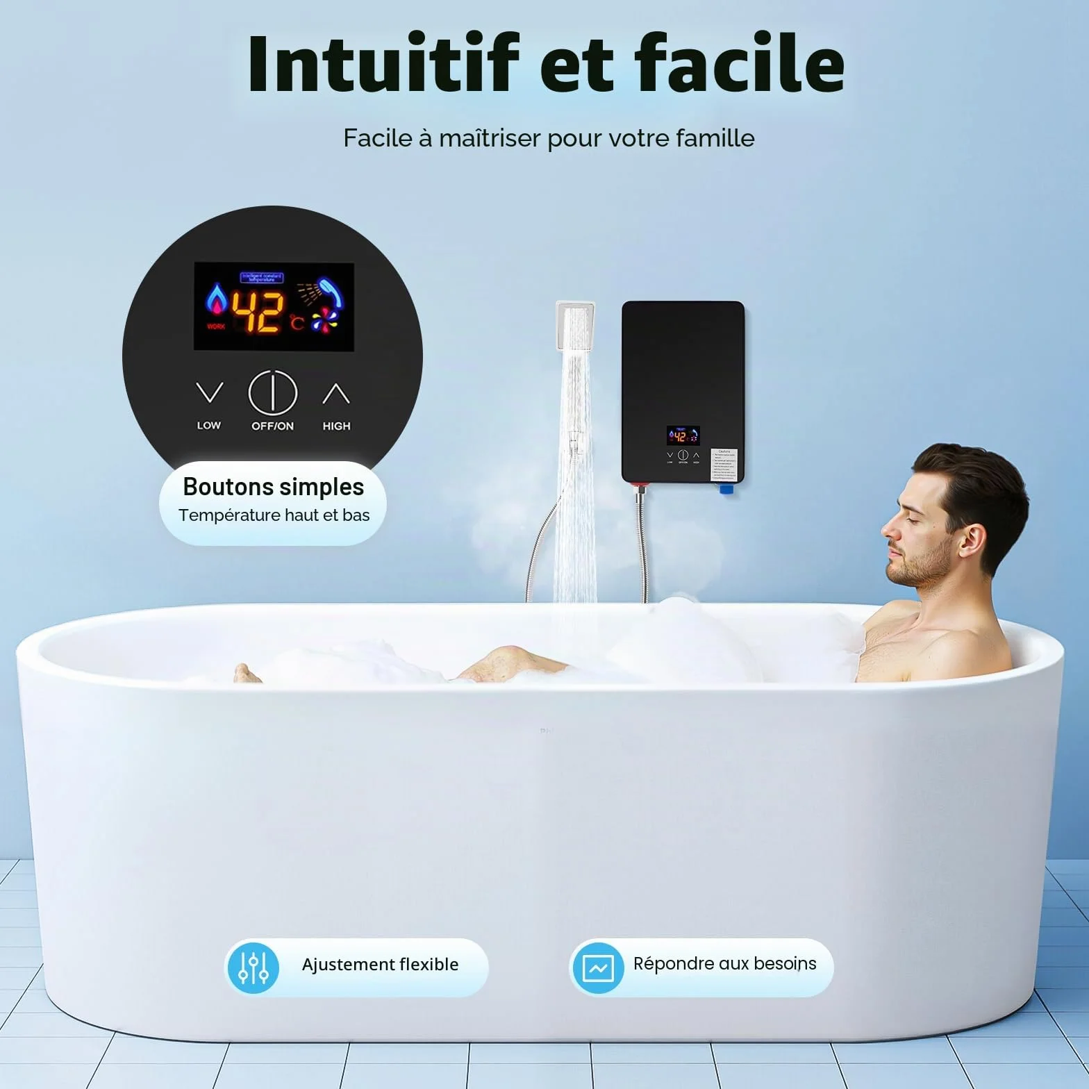 Chauffe-eau de Douche 6500W 220V IPX4 Affichage Numérique Chauffage Instantané