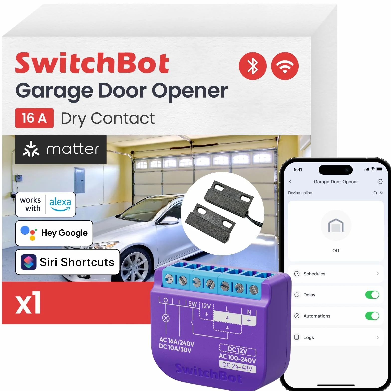 SwitchBot Smart Wi-Fi Ouvre-porte de garage certifié Matter, contrôle par application, Alexa/Google/Siri/IFTTT/SmartThings pris en charge, plusieurs modes de notification, aucun hub nécessaire