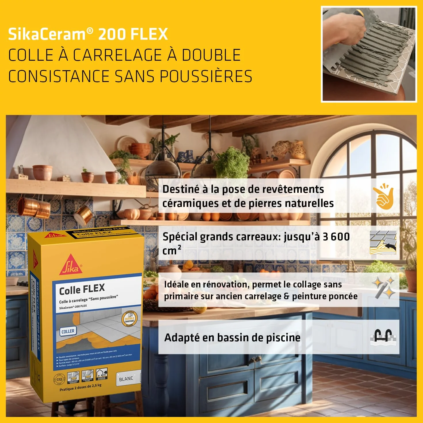 SIKA - Colle à carrelage à double consistance sans poussières - SikaCeram 200 FLEX Blanc - Tous types de carreaux (3600cm² max) - Murs et Sols - Intérieur et Extérieur - 5kg