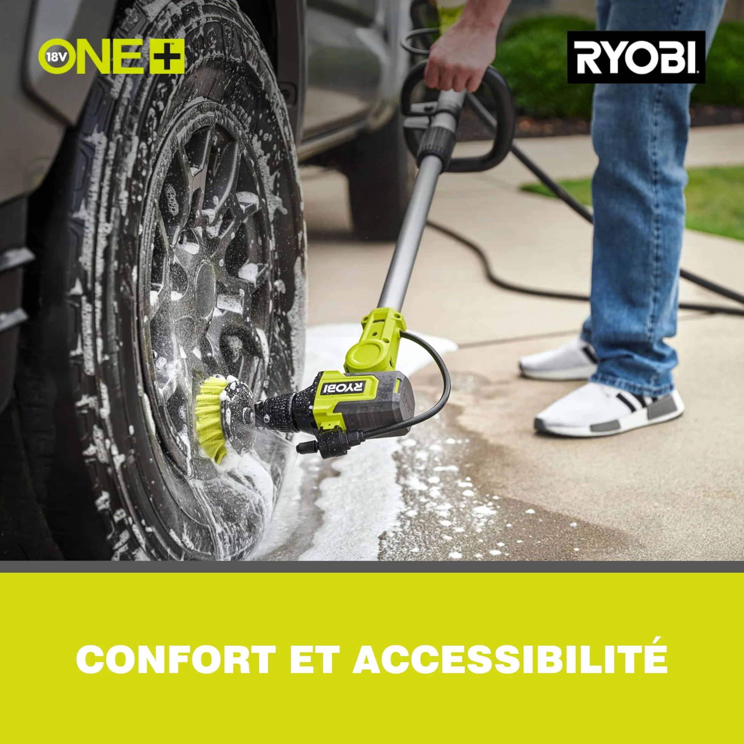 RYOBI - Brosse Rotative télescopique sans Fil 18V One+ RWTS18-0 – Brosse Plate Large, Poignée GripZone, Nettoyage Sols Extérieurs, Murs, Meubles, Hauteur 1,4m – Batterie Non Incluse