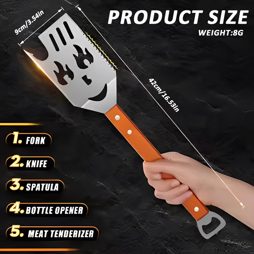 Accessoires Barbecue 7 en 1 Spatule Multifonction avec Décapsuleur Manche en Bois Cadeaux pour Hommes