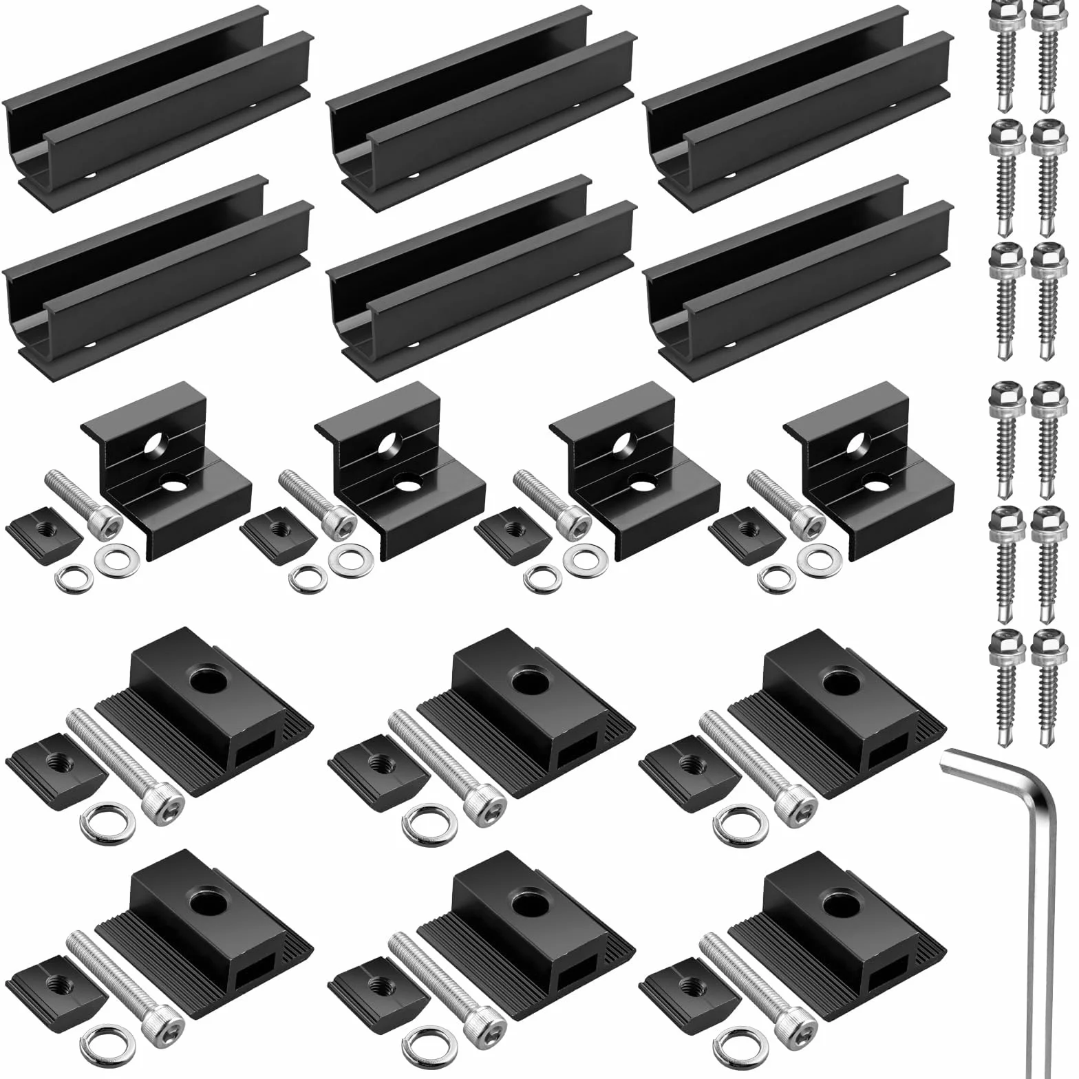 Kit de Fixation pour Panneau Solaire, 10 Rails Courts Aluminium 120mm, 6 Pinces Centrales 30/35mm, 4 Pinces d’Extrémité 30/35mm, 1 Clé de Serrage, Noir