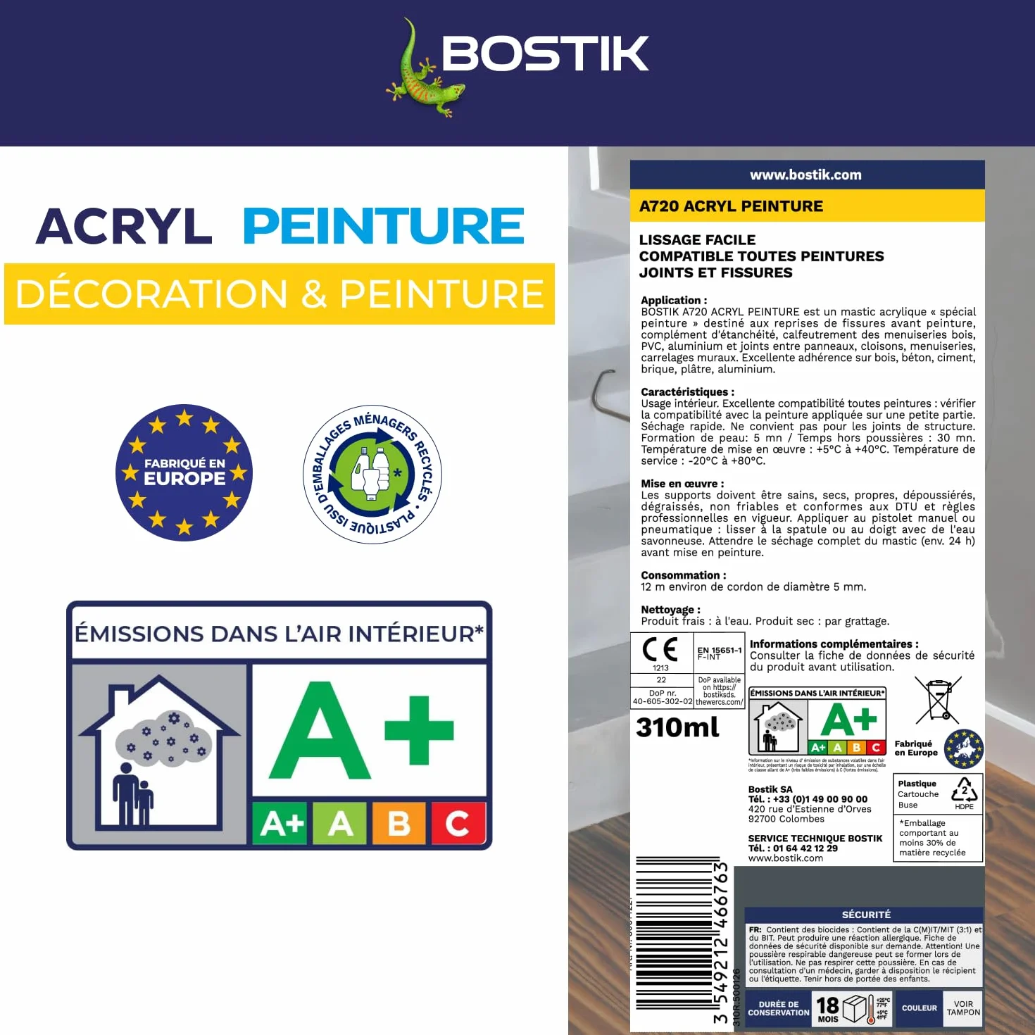 Bostik Acryl Peinture – Mastic Acrylique – Intérieur – Spécial Peinture, Calfeutreutement et Fissures – Tous Matériaux – Blanc – Cartouche 310 ml
