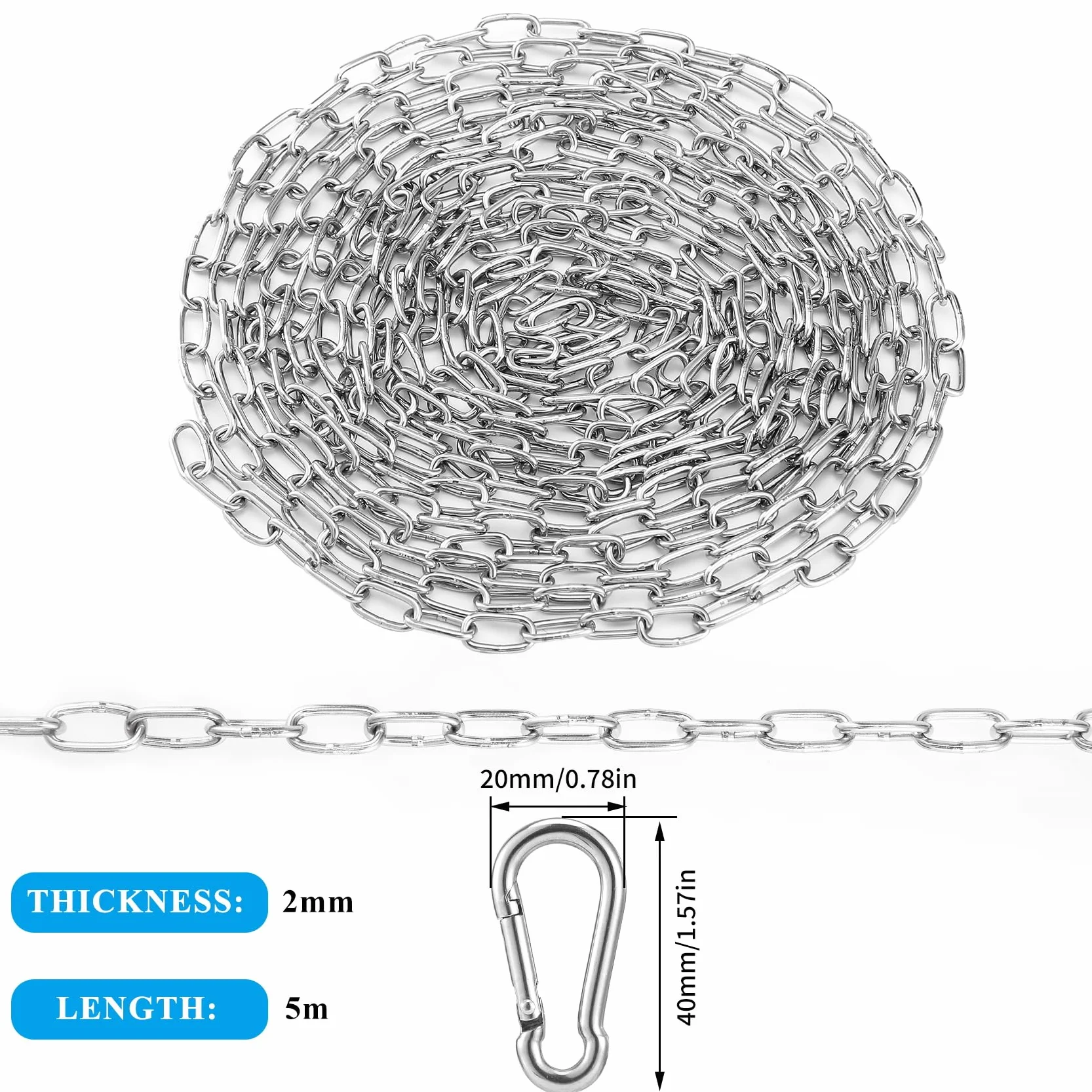 Chaîne en acier inoxydable 304 de 5 mètres,2mm Chaîne de Sécurité en inoxydable, Maillons Soudés en Acier, pour clôtures de jardin, enclos pour chiens, Chaînes de Levage