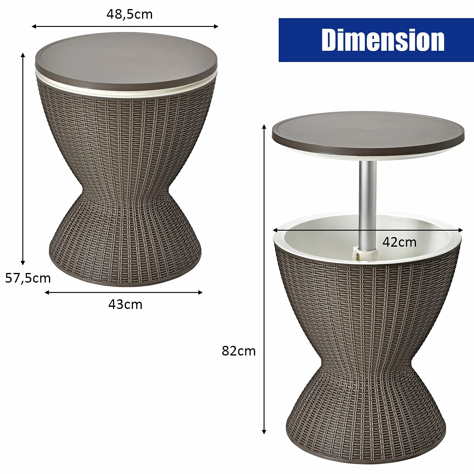 COSTWAY Table Glacière 30L 2 en 1 avec Plateau Relevable, Seau à Glace Imitation Rotin, Ø 43 x 57,5/82 cm Brun