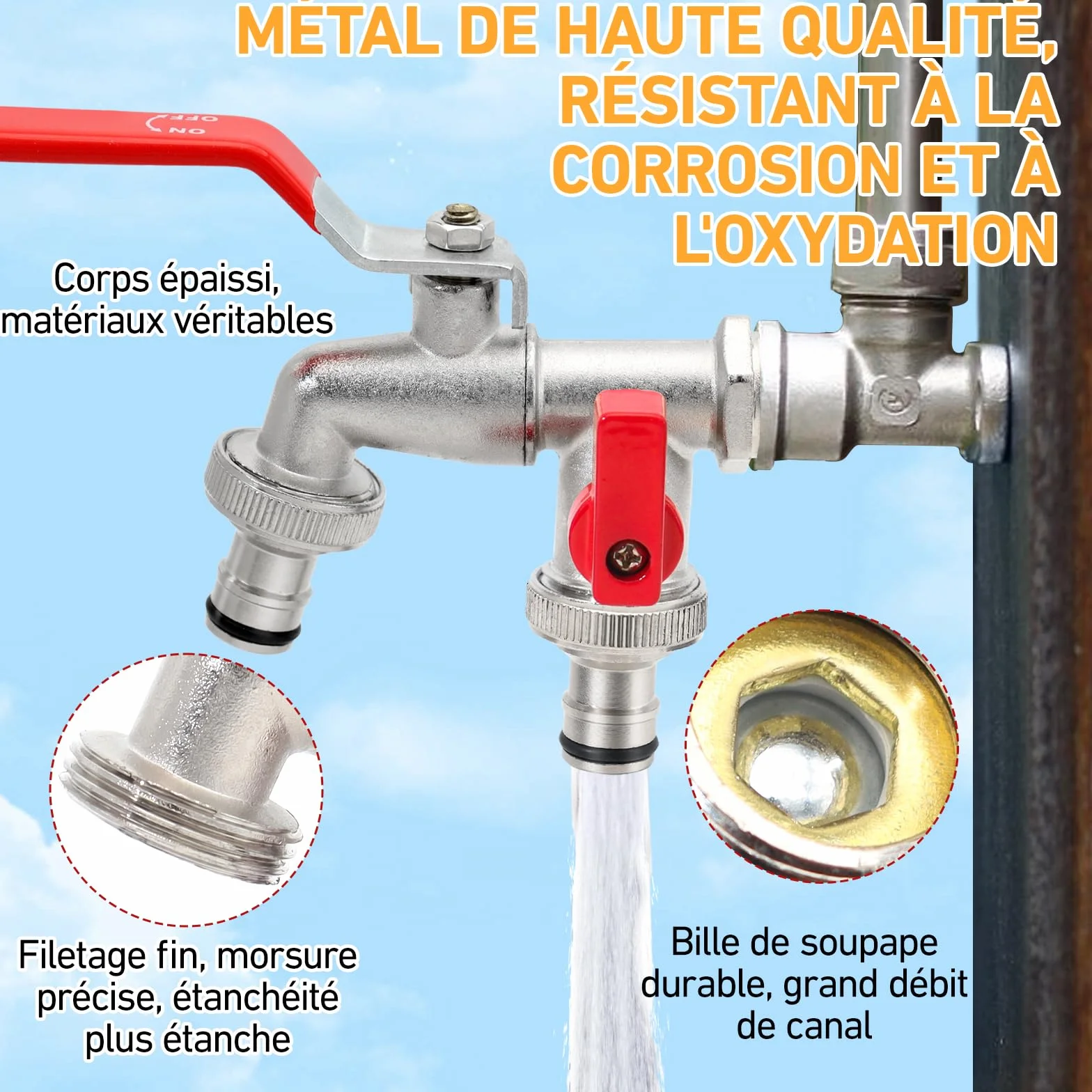 Robinet de Jardin Premium à Double Sortie 1/2" - 3/4" Laiton Argent Aqua Control G6354