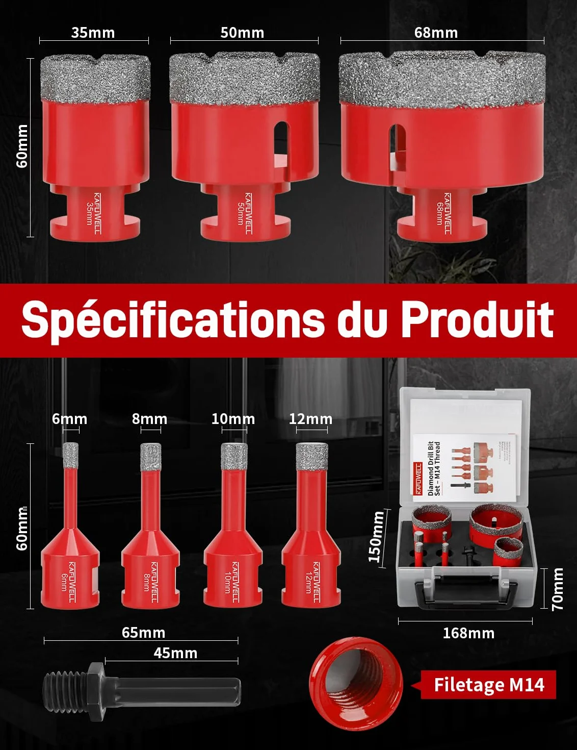 8 Pcs M14 Foret Carrelage Diamant, Scie Cloche Carrelage, TrépanCarrelage, Ø 6/8/10/12/35/50/68mm avec Adaptateur, Brasé Sous Vide, pour Porcelaine Carrelage Granit Marbre, Meuleuse d’Angle
