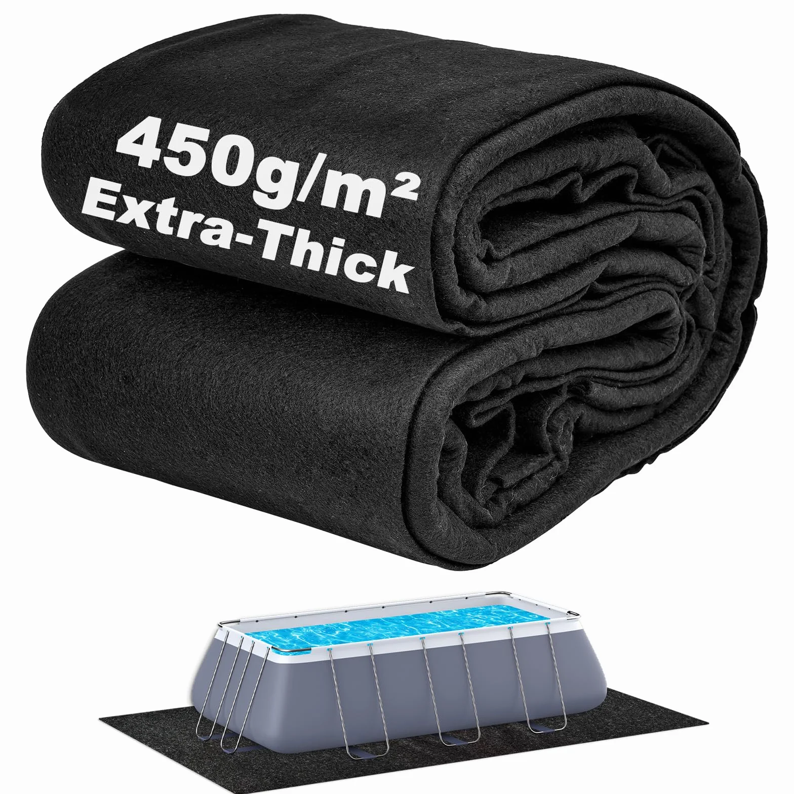 Tapis de piscine plus épais 3 x 5 m pour piscine hors sol, rectangulaire, double densité, résistant aux perforations, noir