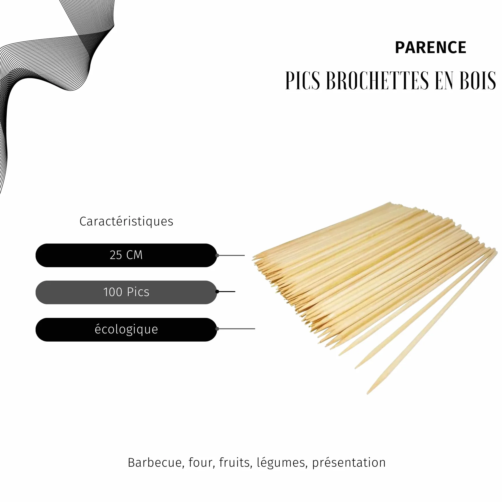 Pics à Brochettes en Bois 100 Pièces 25cm - Lot de 100 pour Barbecue, Fruits, Légumes