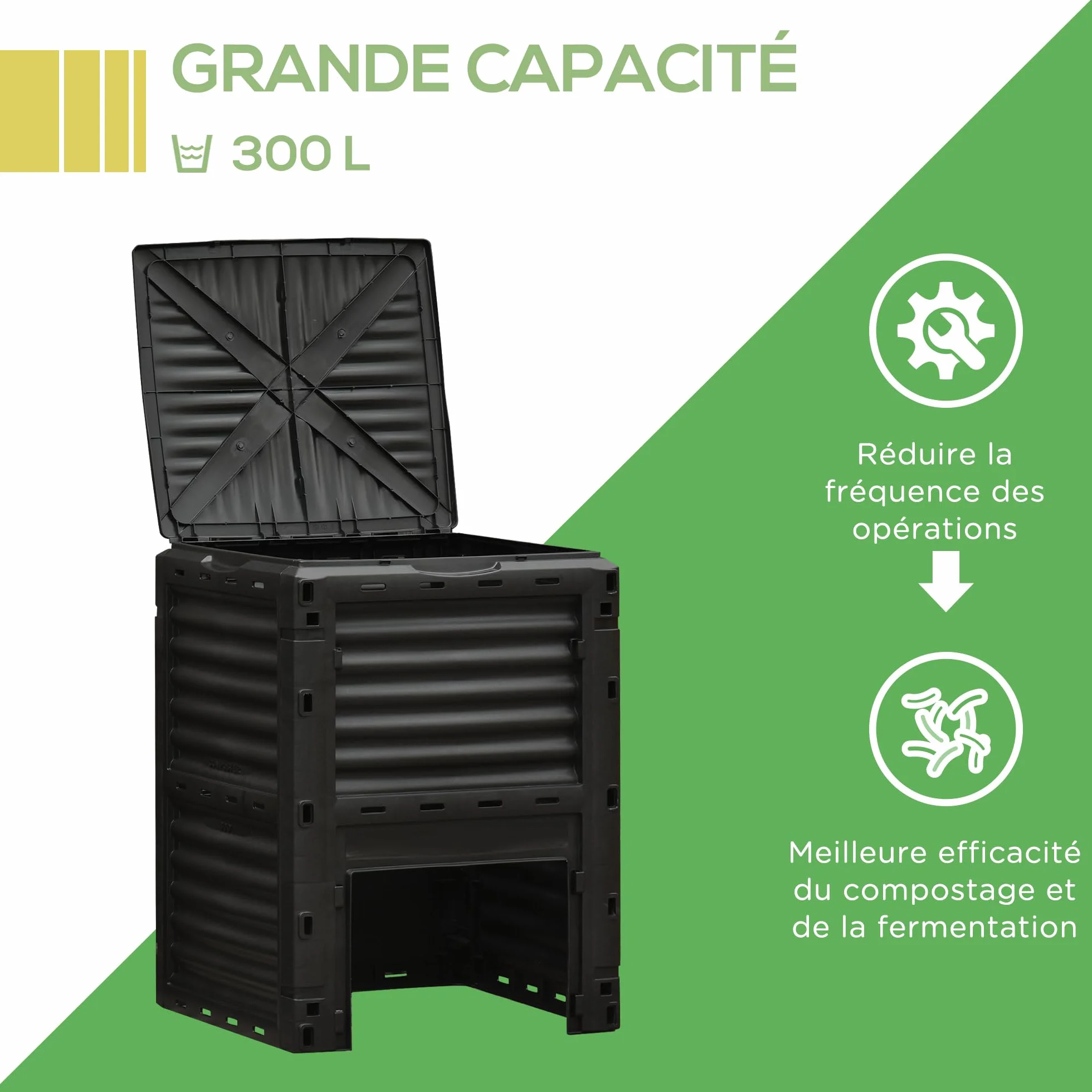 Outsunny Composteur de Jardin 300L, bac composteur polypropylène, 48 aérations, Noir