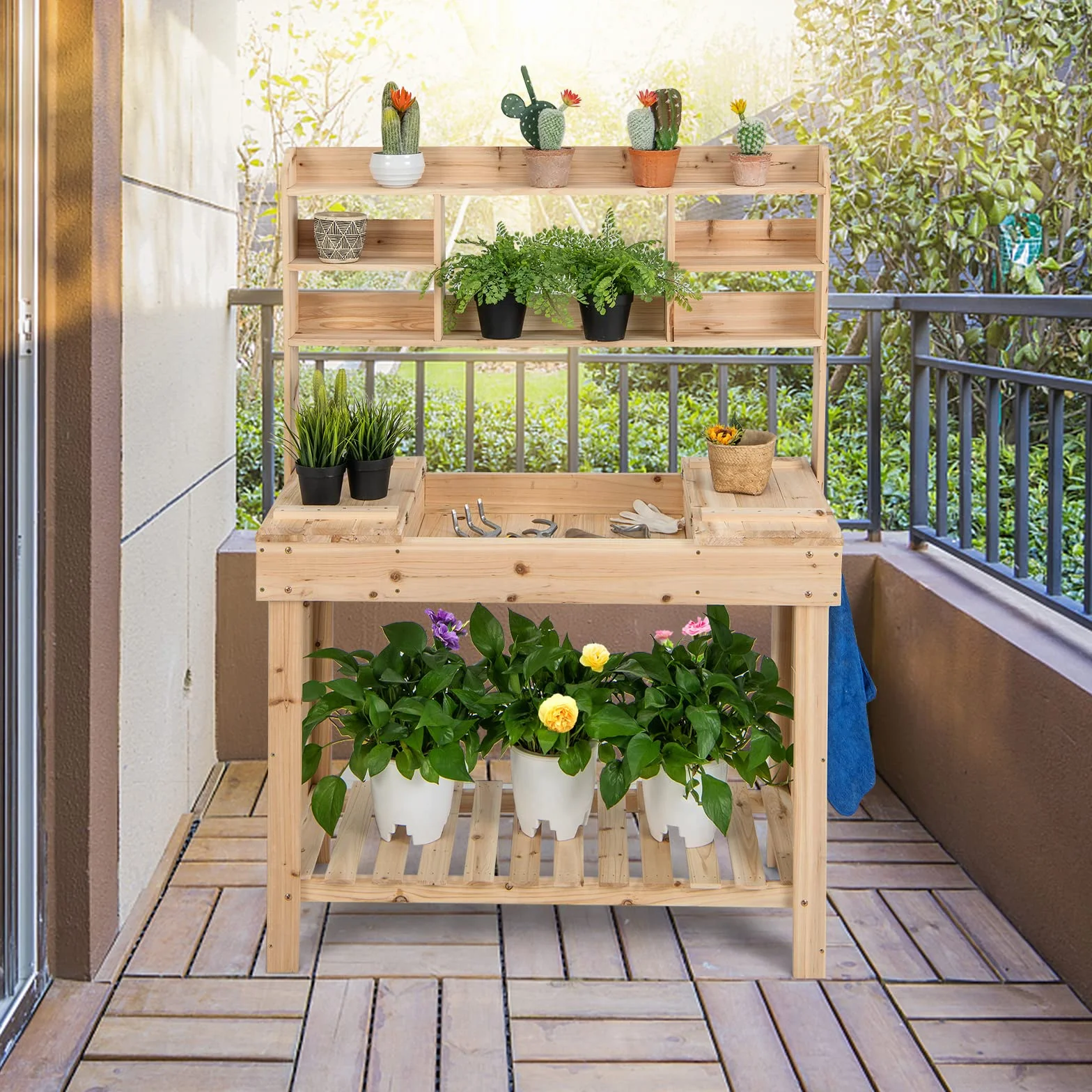 GOPLUS Table de Rempotage en Bois Plateau Ouvrable, Jardinage avec Étagères, Crochets et Tiroir, Charge 150 KG, 110 x 50 x 153 CM