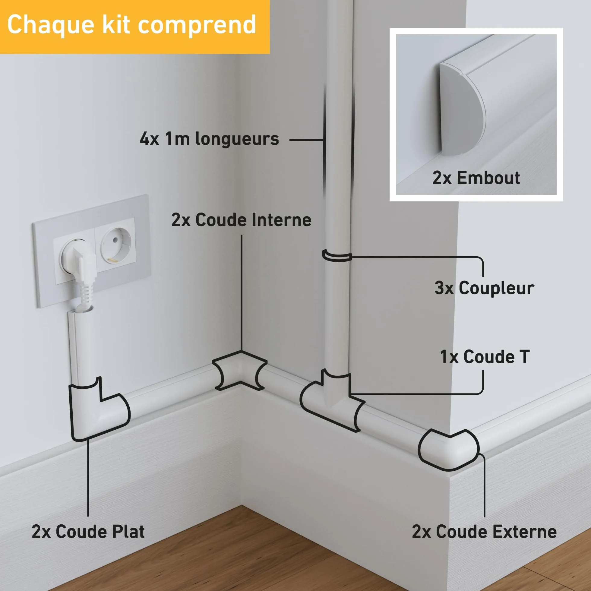 D-Line Goulotte Passe-Câbles 30x15mm, Multipack 4m – Profil Demi-Rond, Cache-Fils Auto-Adhésif, Gestion des Câbles – 4X Longueurs 1 m (30 mm l x 15 mm h) avec Accessoires – Blanc