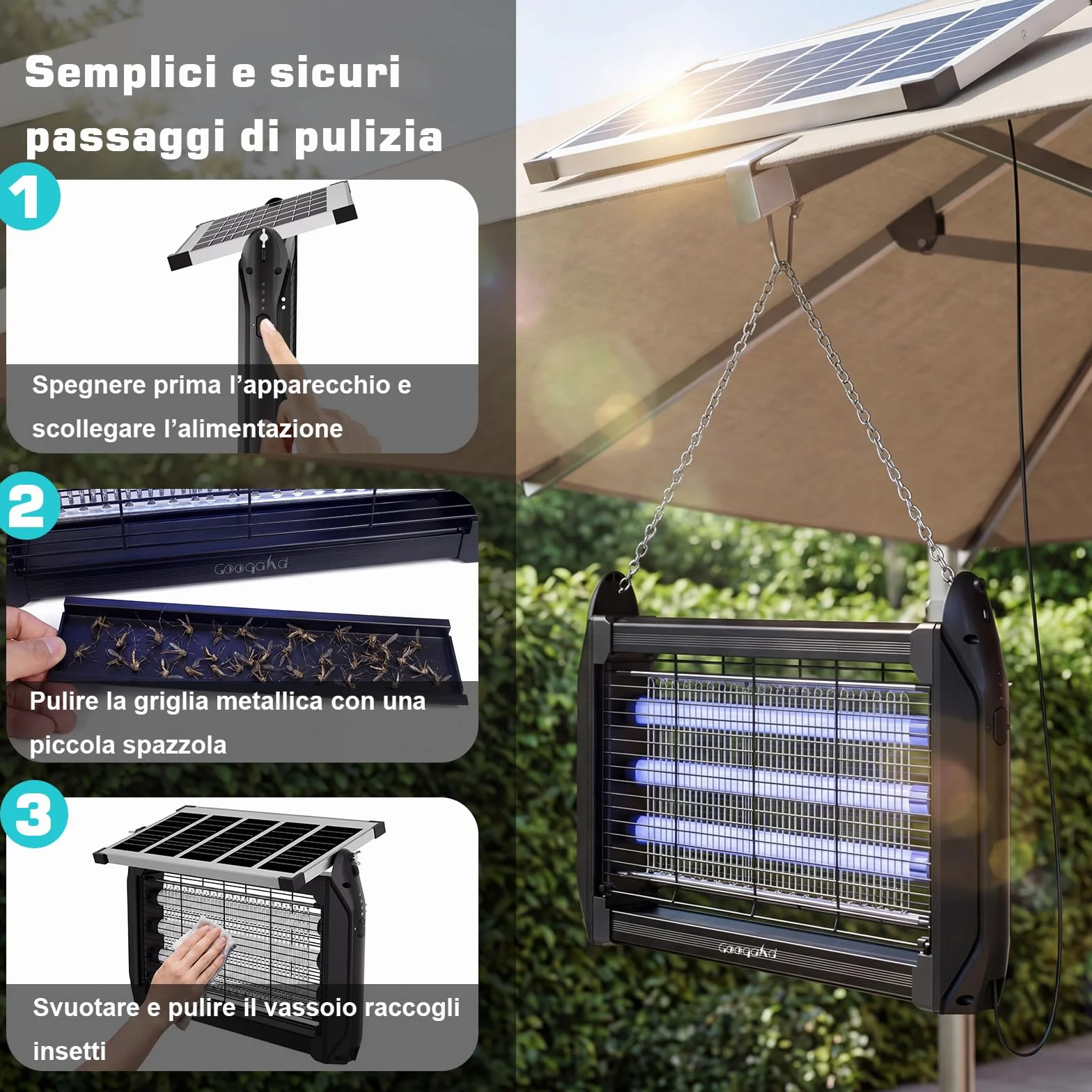 Désinsectiseur Électrique Solaire 10W Extérieur Lampe Anti-Moustiques 4000V UV IPX5 Tue-Moustiques