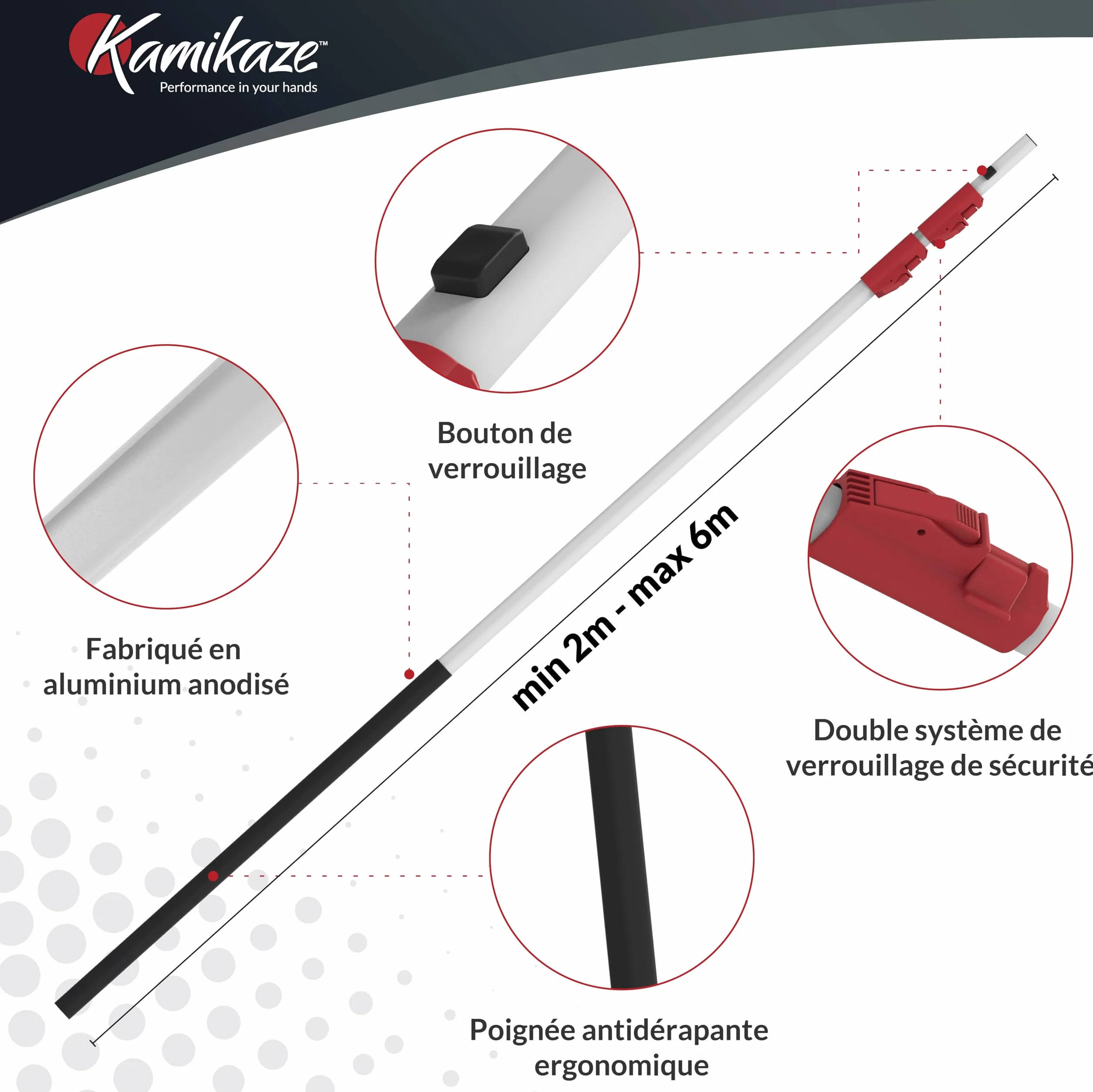 Kamikaze Kit d’Élagage en Hauteur 3 en 1 de 6m – Coupe-Branche Télescopique avec Sécateur Télescopique + Scie Télescopique, Tête Rotative, Attache Rapide, Compatible avec Outils Wolf (3 x 2 m)
