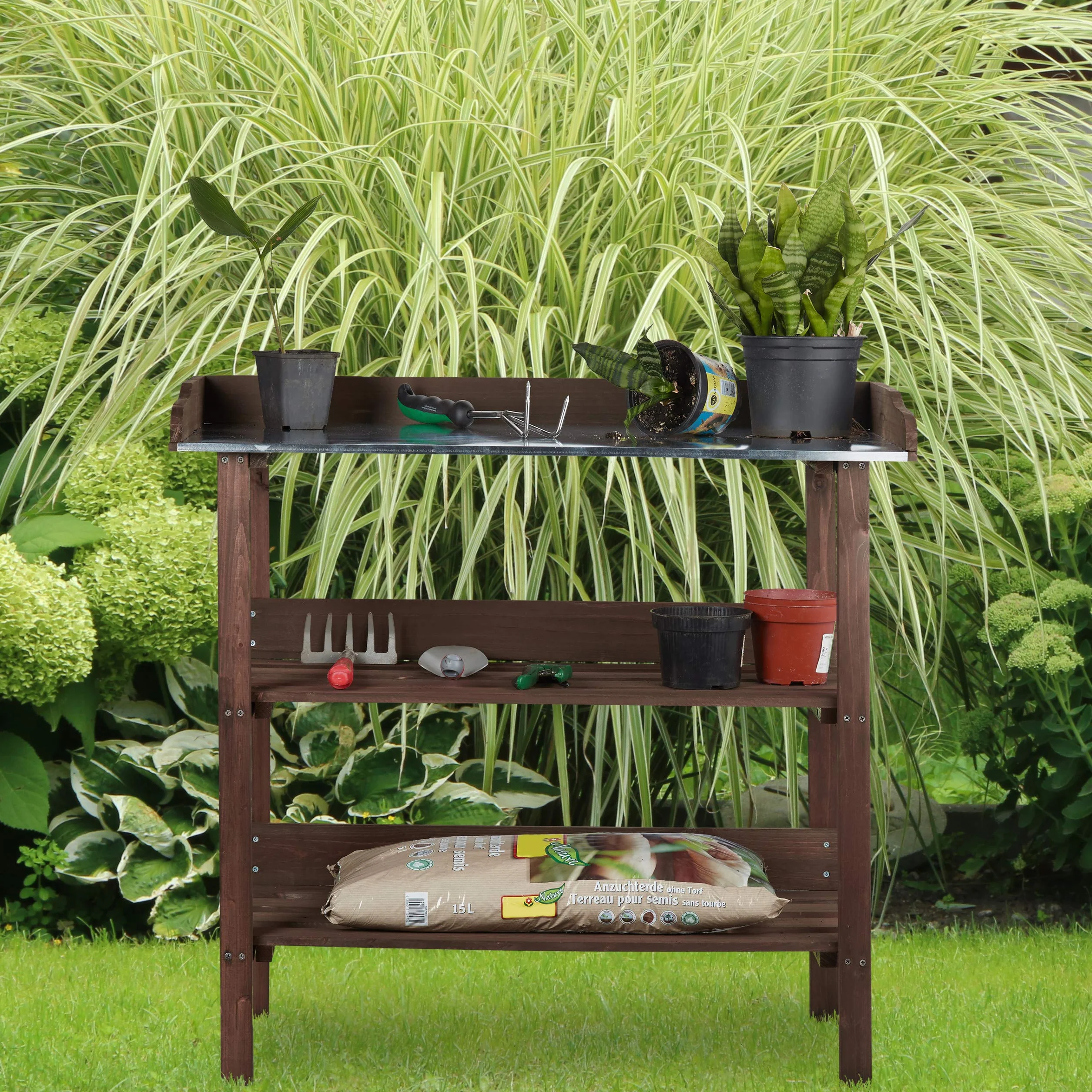 Relaxdays Plaque métallique Table de dépotage avec rangements Bois 86 x 92 x 41 cm Marron