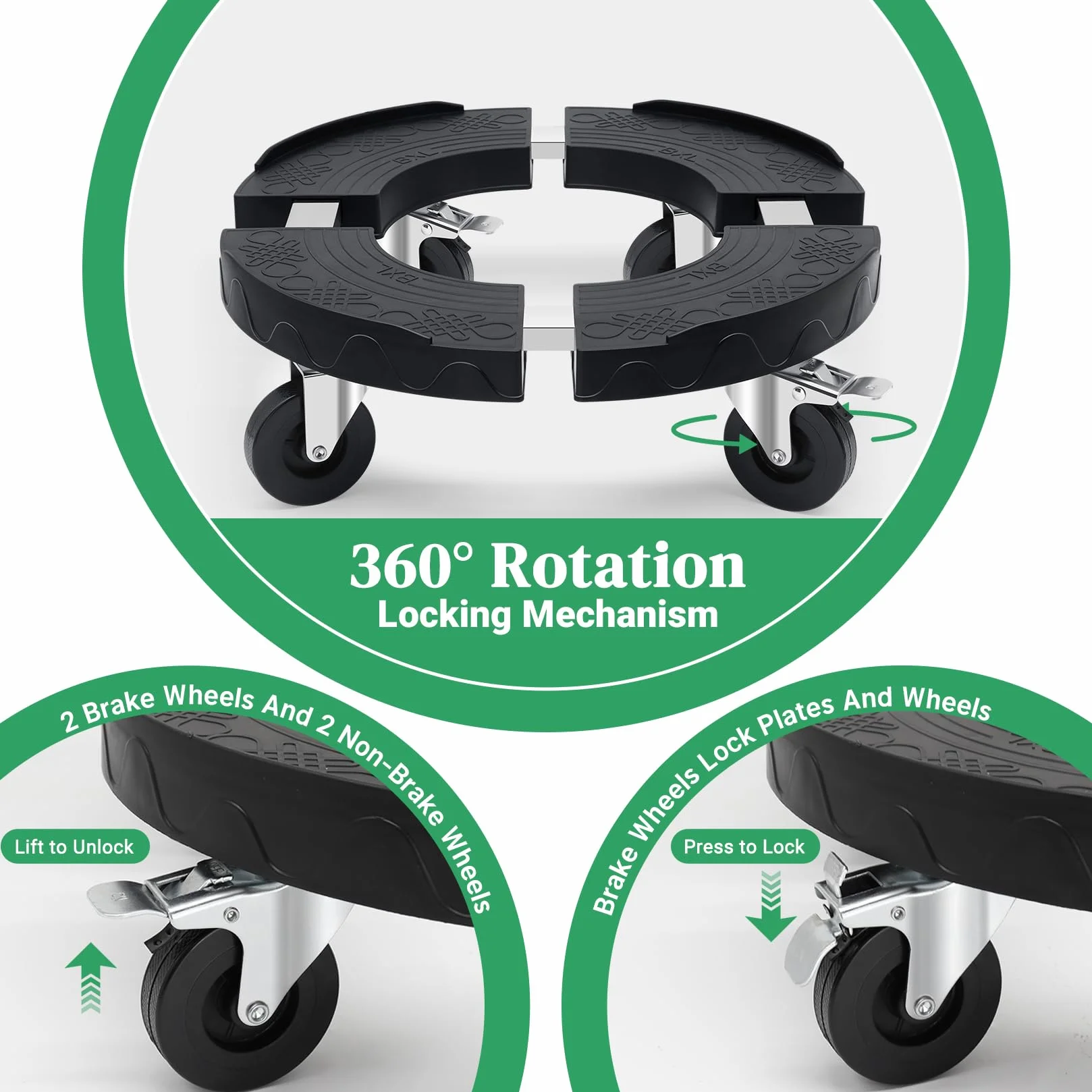 Porte Plante Ronde à Roulettes Charge Lourde 220KG Support Plantes Intérieur Adjustable 38-48CM Plateau Roulettes Noir