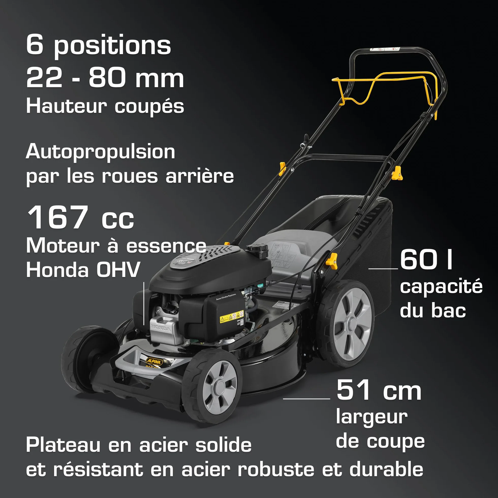 Tondeuse Thermique Alpina AL5 51 SHQ 166 cm³ 51 cm 4 en 1 Bac 60 L 1800 m²