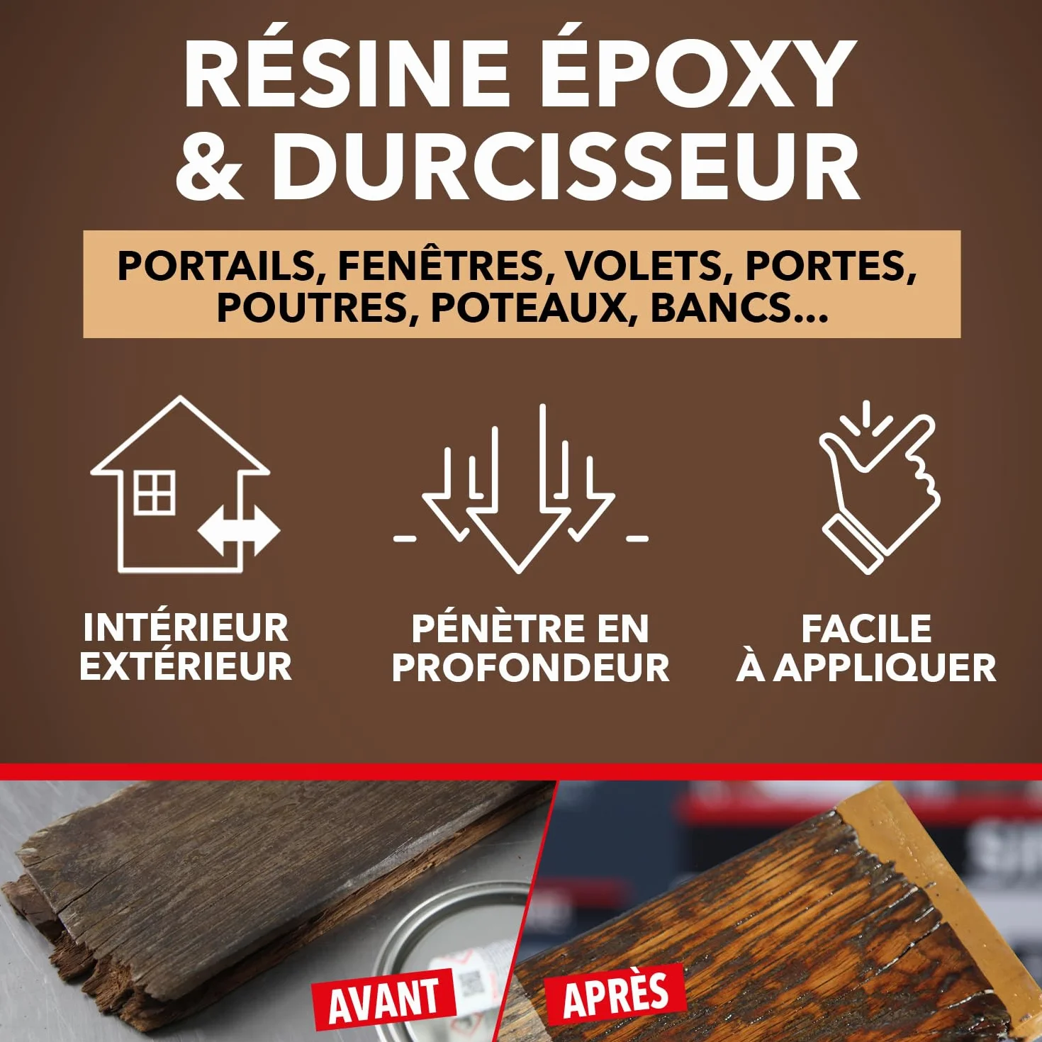 SINTO Durcisseur bois abimés par l'humidité 250g, stoppe l'humidité et le pourrissement, solidifie et imperméabilise bois neufs et anciens, pénètre en profondeur, intérieur